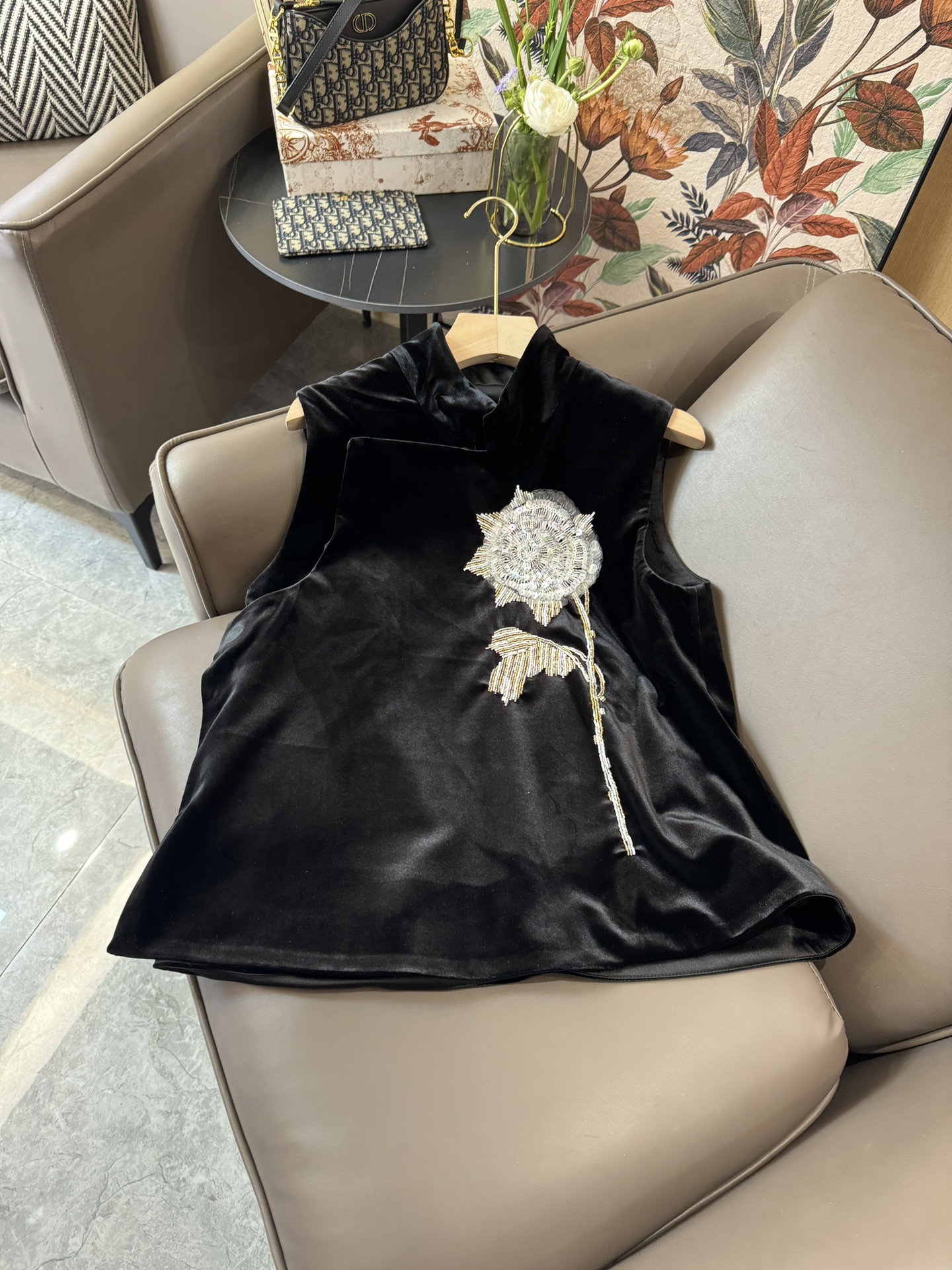 XZ24018#新款套装M新中式珠绣重工真丝绒背心上衣长裤套装黑色SMLXL