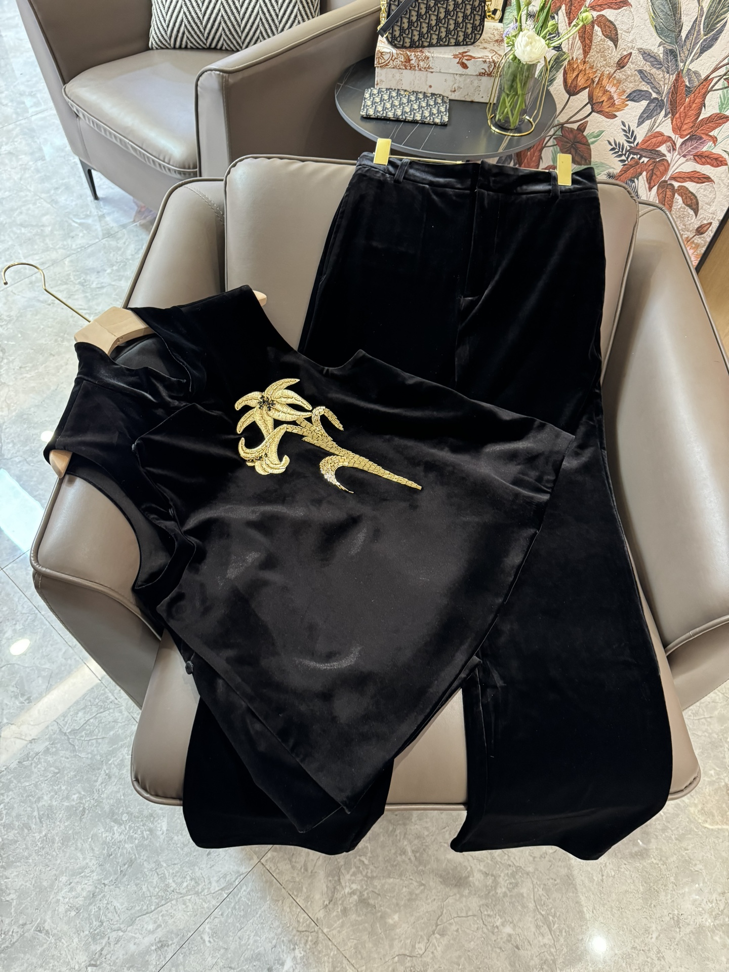 XZ24019#新款套装M新中式珠绣重工真丝绒背心上衣长裤套装黑色SMLXL