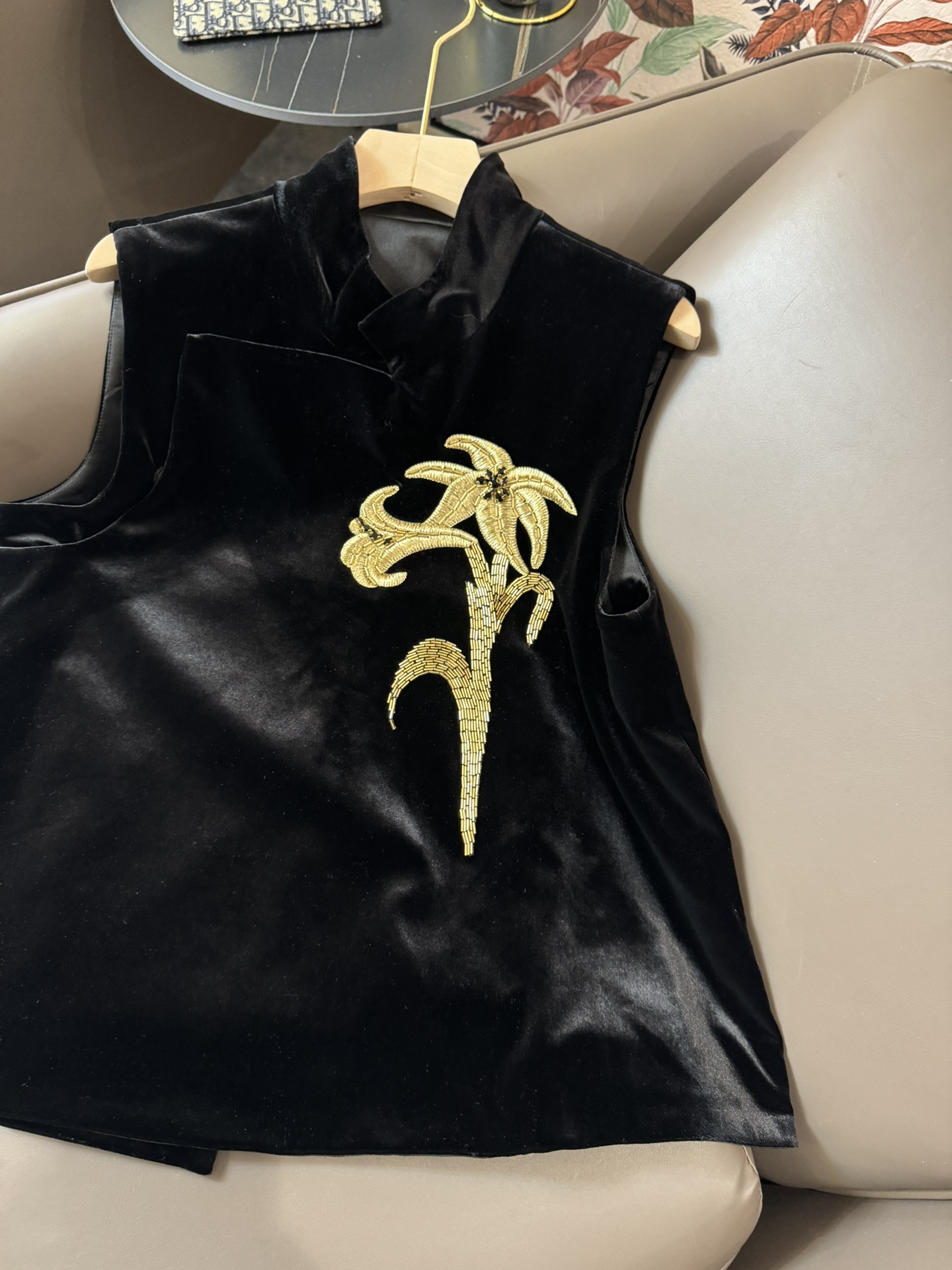 XZ24019#新款套装M新中式珠绣重工真丝绒背心上衣长裤套装黑色SMLXL