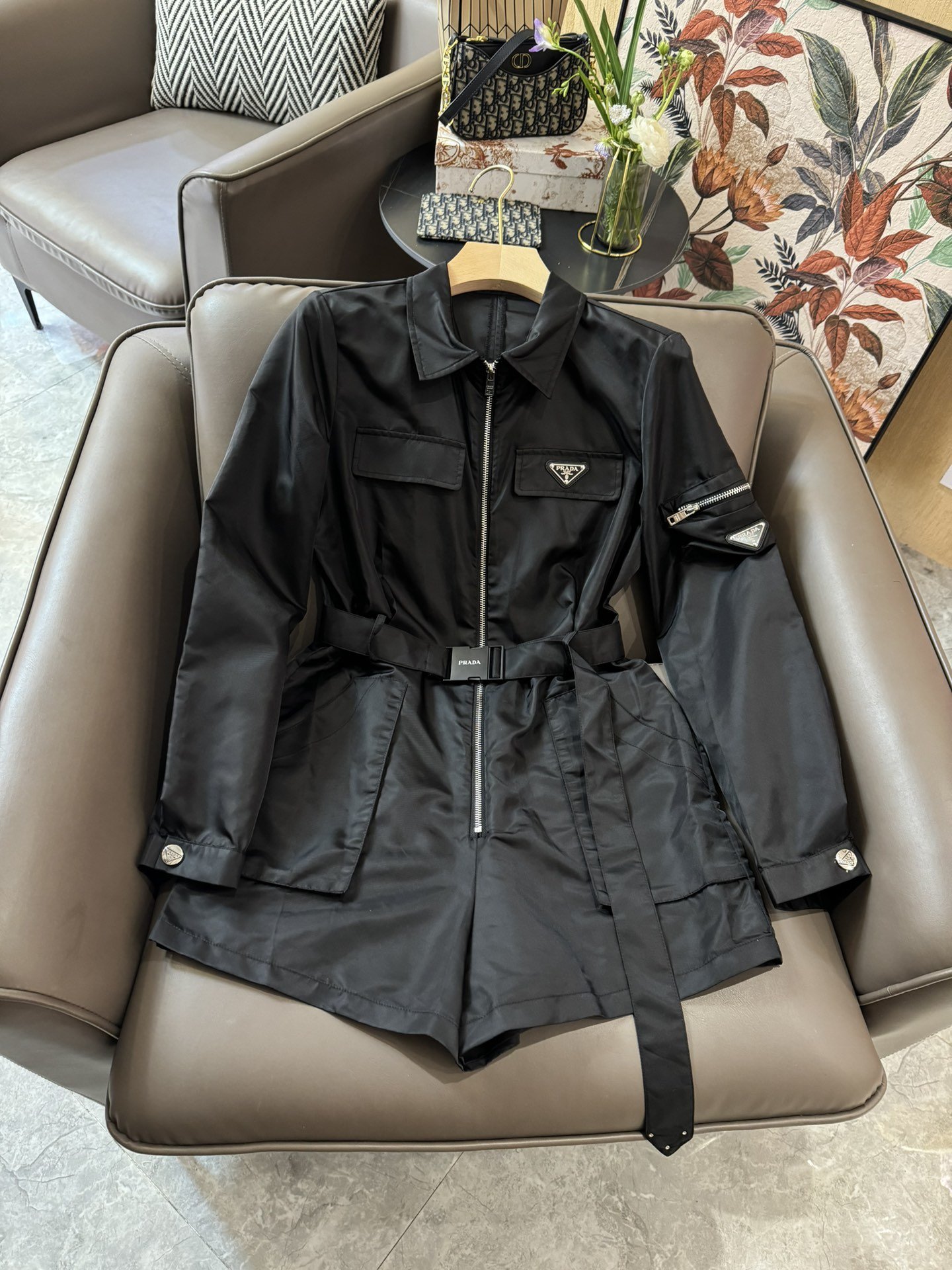XC24029#新款连体裤PRADA三角标尼龙材质长袖连体裤黑色SML