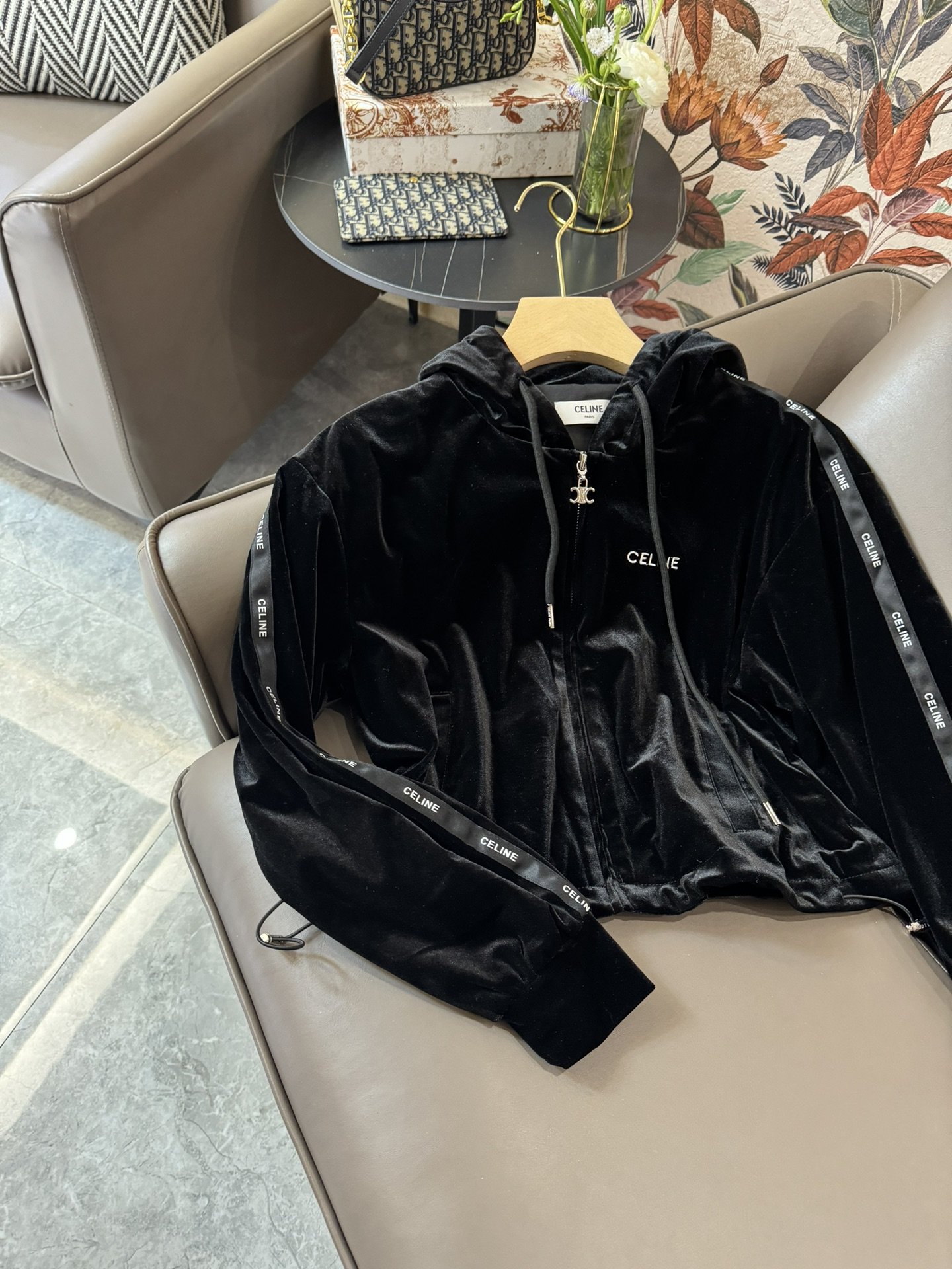 XC24022#新款套装Celine丝绒刺绣拉链外套长裤套装黑色SML