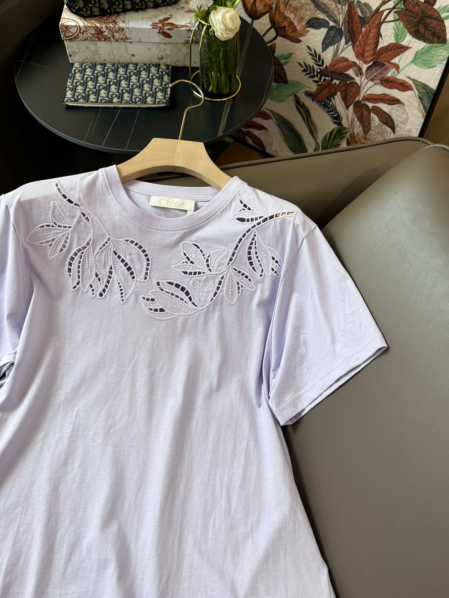 QH2403#新款T恤chloe重共镂空绣花短袖T恤米色紫色SML
