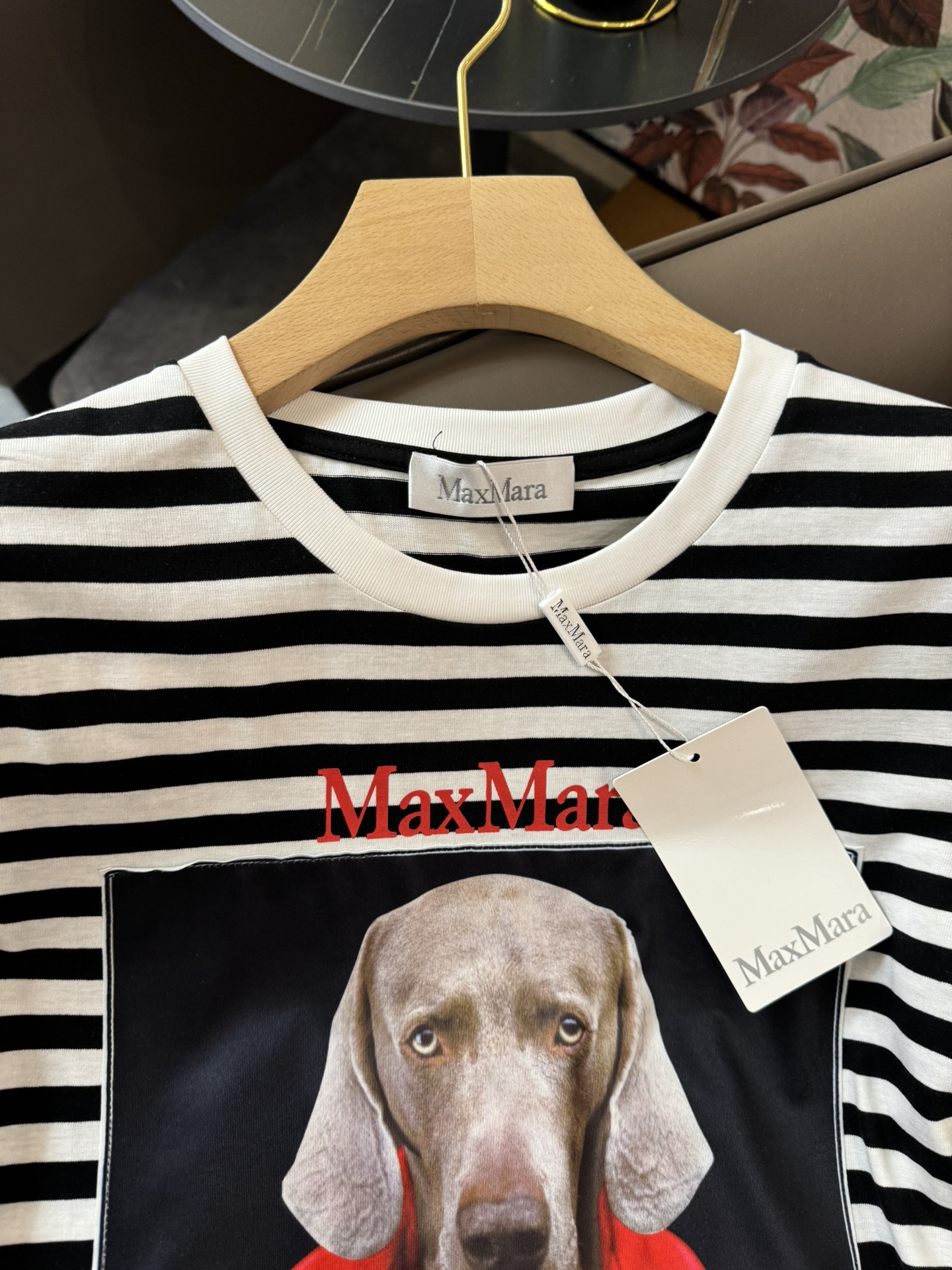 QG24077#新款T恤Maxmara条纹短袖狗狗猎犬印花短袖T恤SML