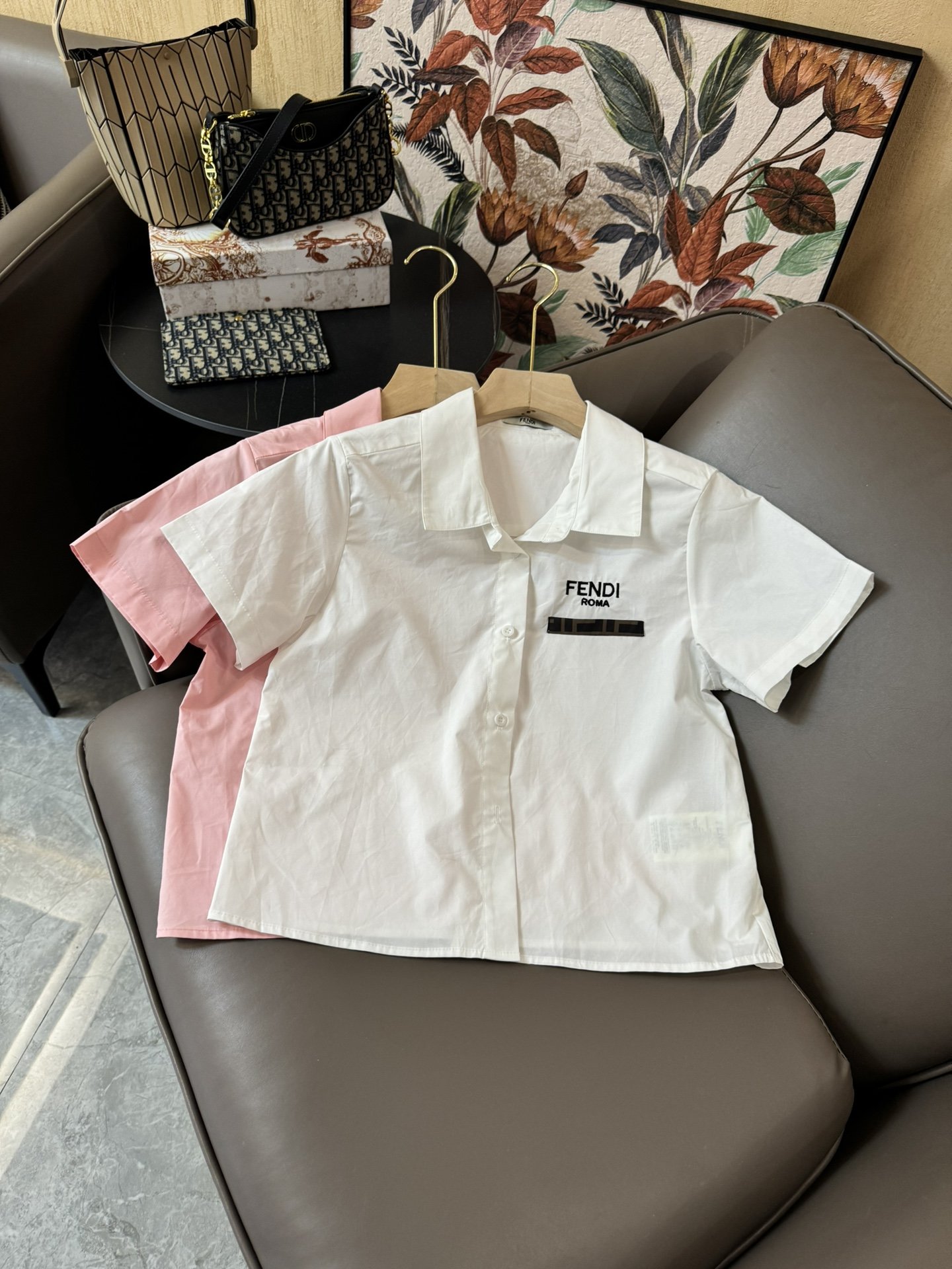 XC24048#新款衬衫Fendi字母印花短袖衬衫白色粉色SML