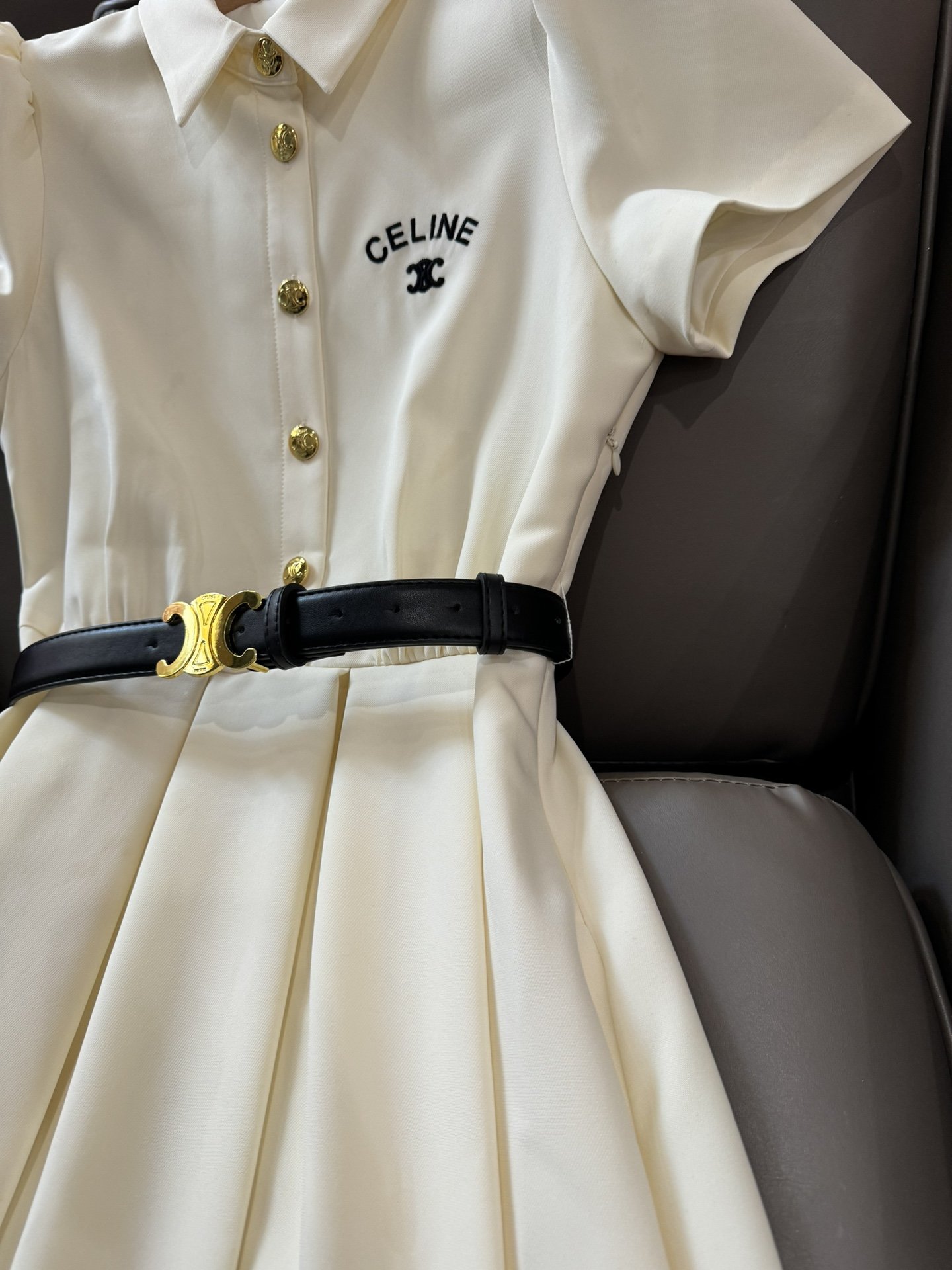 XC24036#新款连衣裙celine短袖修身款配腰带连衣裙米色黑色SML