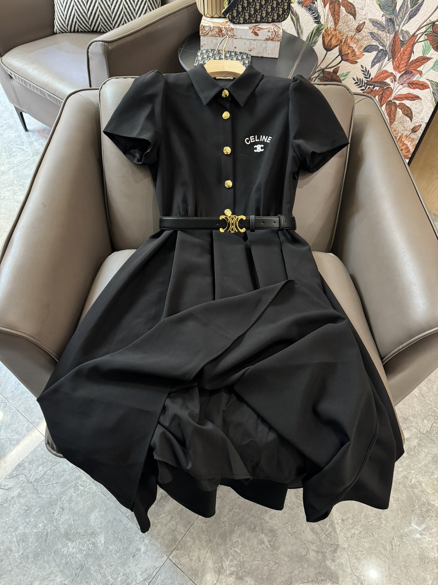 XC24036#新款连衣裙celine短袖修身款配腰带连衣裙米色黑色SML