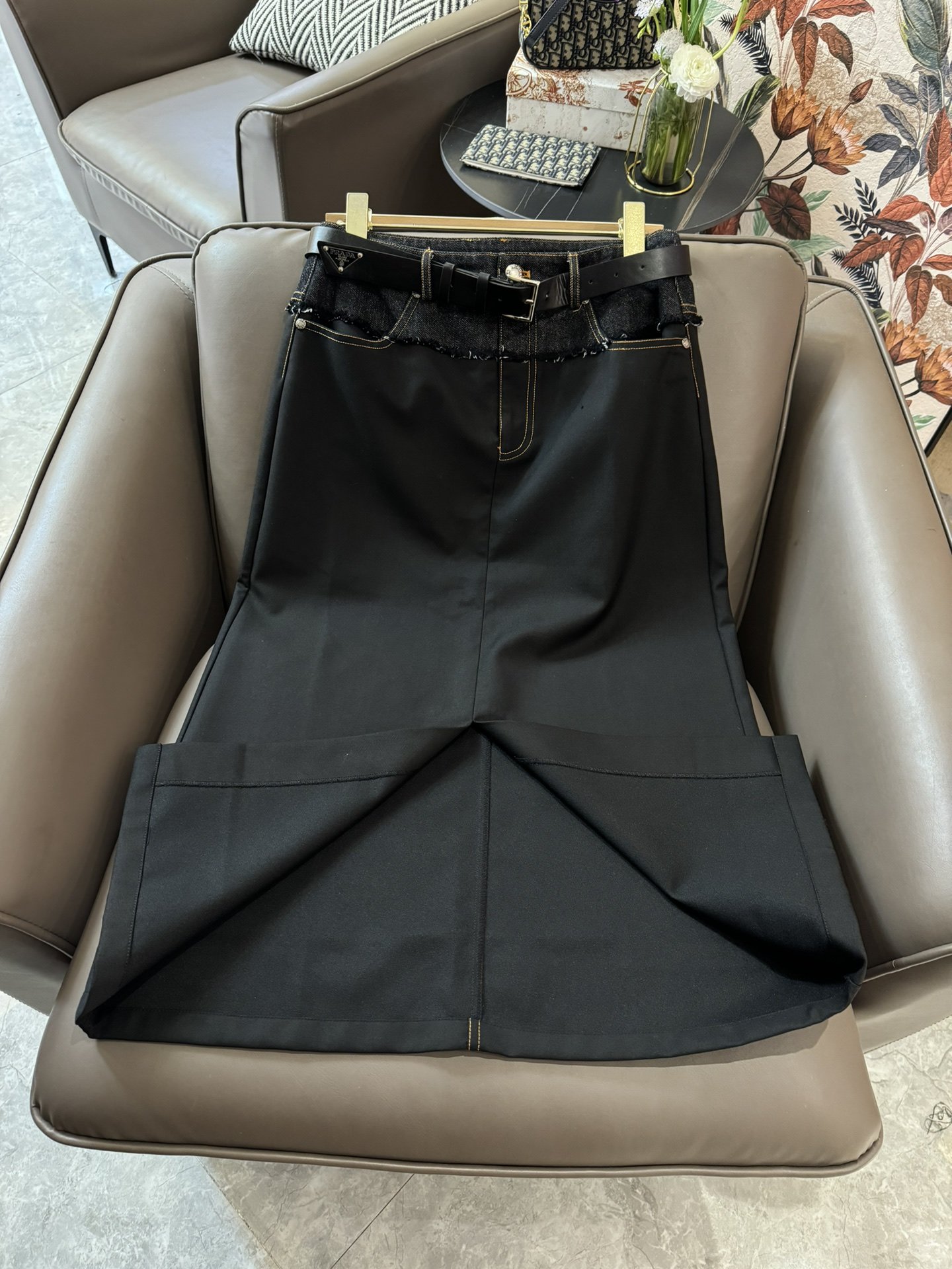XC24052#新款半裙Prada拼接款配腰带西装料长半裙灰色黑色SML