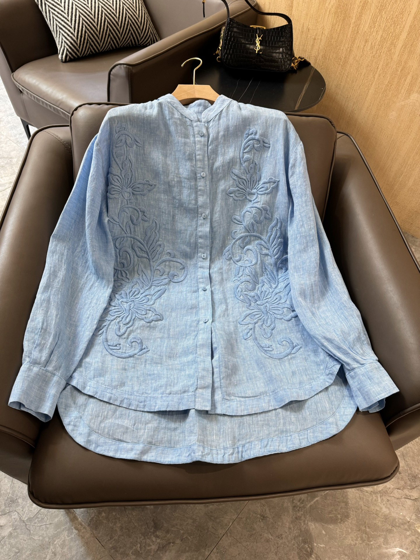 JF007#新款衬衫ERMANNOSCERVINO依玛诺ES重工刺绣立体花朵长袖100%亚麻长袖衬衫蓝色