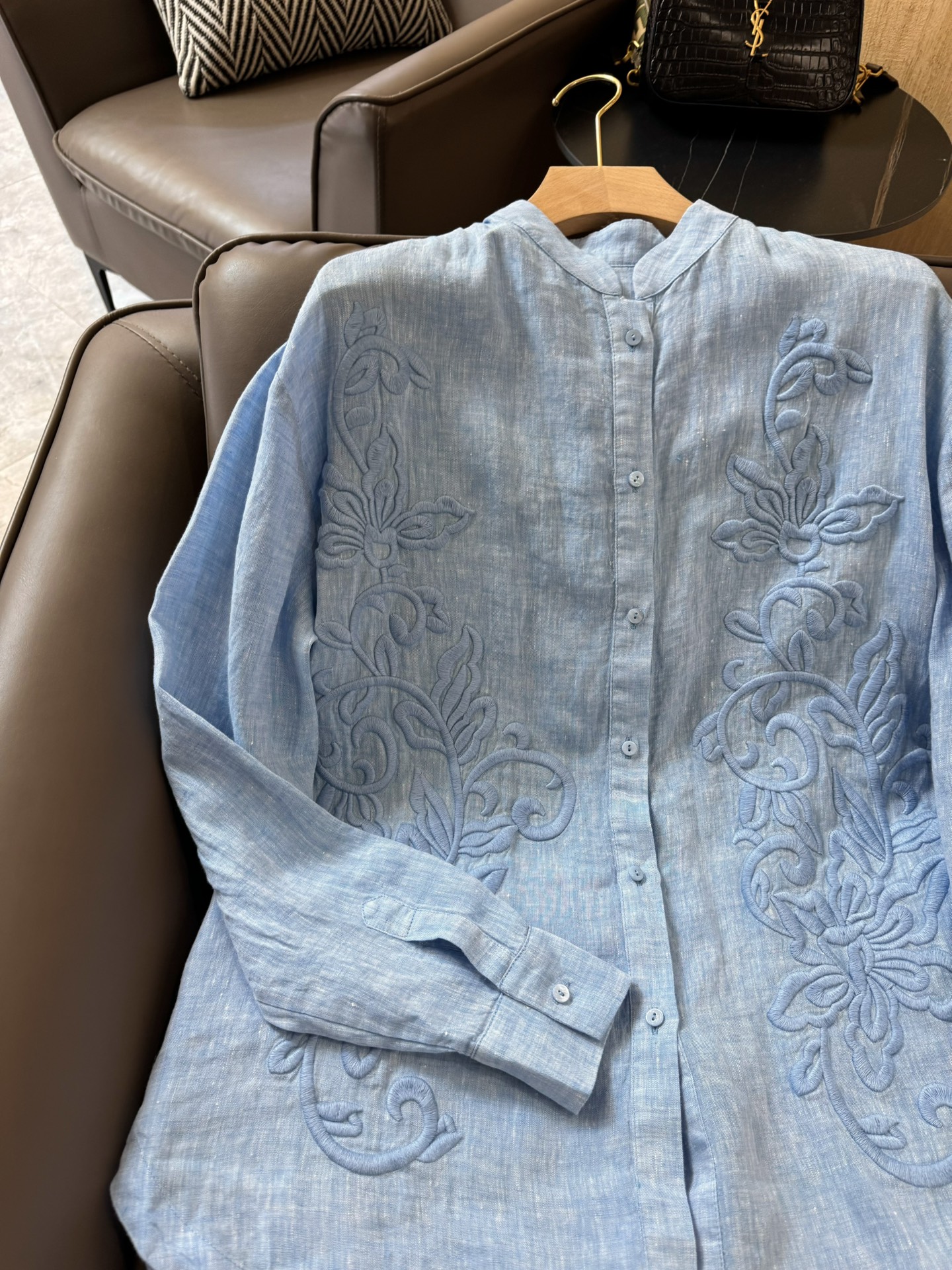 JF007#新款衬衫ERMANNOSCERVINO依玛诺ES重工刺绣立体花朵长袖100%亚麻长袖衬衫蓝色