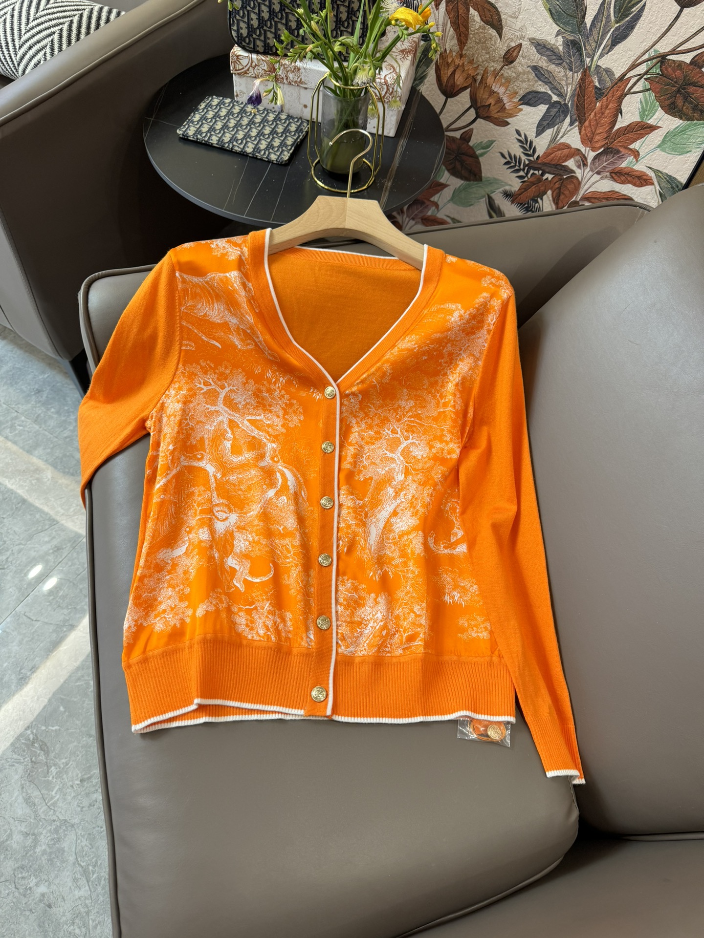 LC001#新款真丝针织衫dior100%真丝定位印花拼绢针织衫开衫长袖橙色MLXLXXL