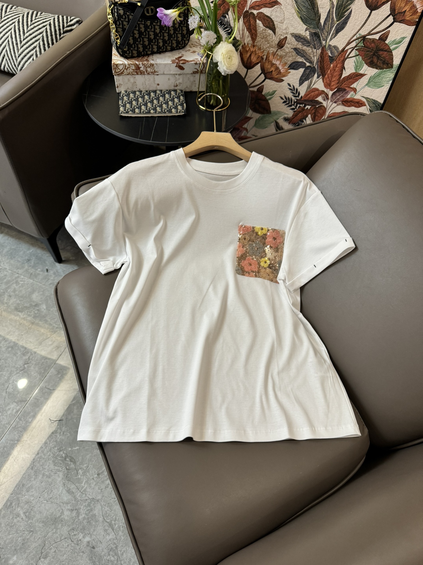 YJ015#新款T恤原创设计口袋珠片绣花短袖T恤白色黑色灰色SML