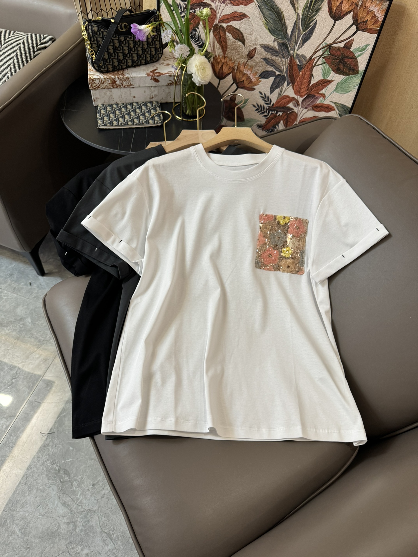 YJ015#新款T恤原创设计口袋珠片绣花短袖T恤白色黑色灰色SML