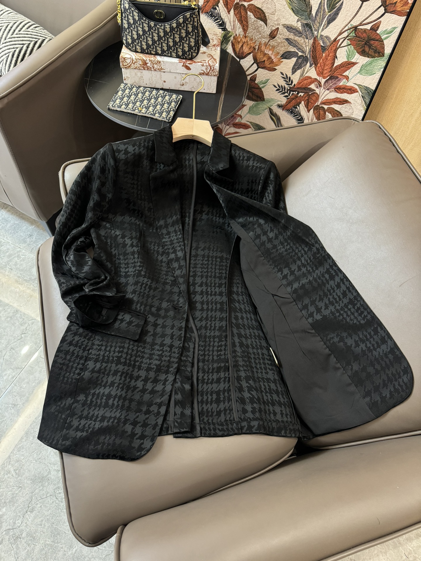 JF015#新款西装外套原创设计千鸟格提花醋酸面料九分袖西装外套黑色白色SMLXL