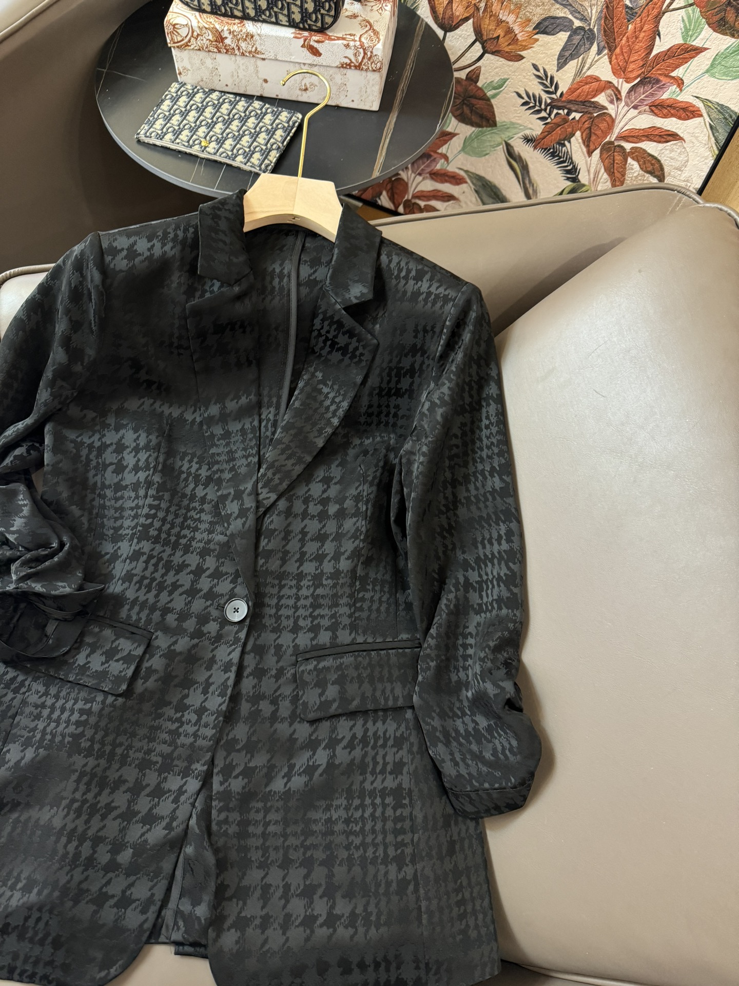 JF015#新款西装外套原创设计千鸟格提花醋酸面料九分袖西装外套黑色白色SMLXL
