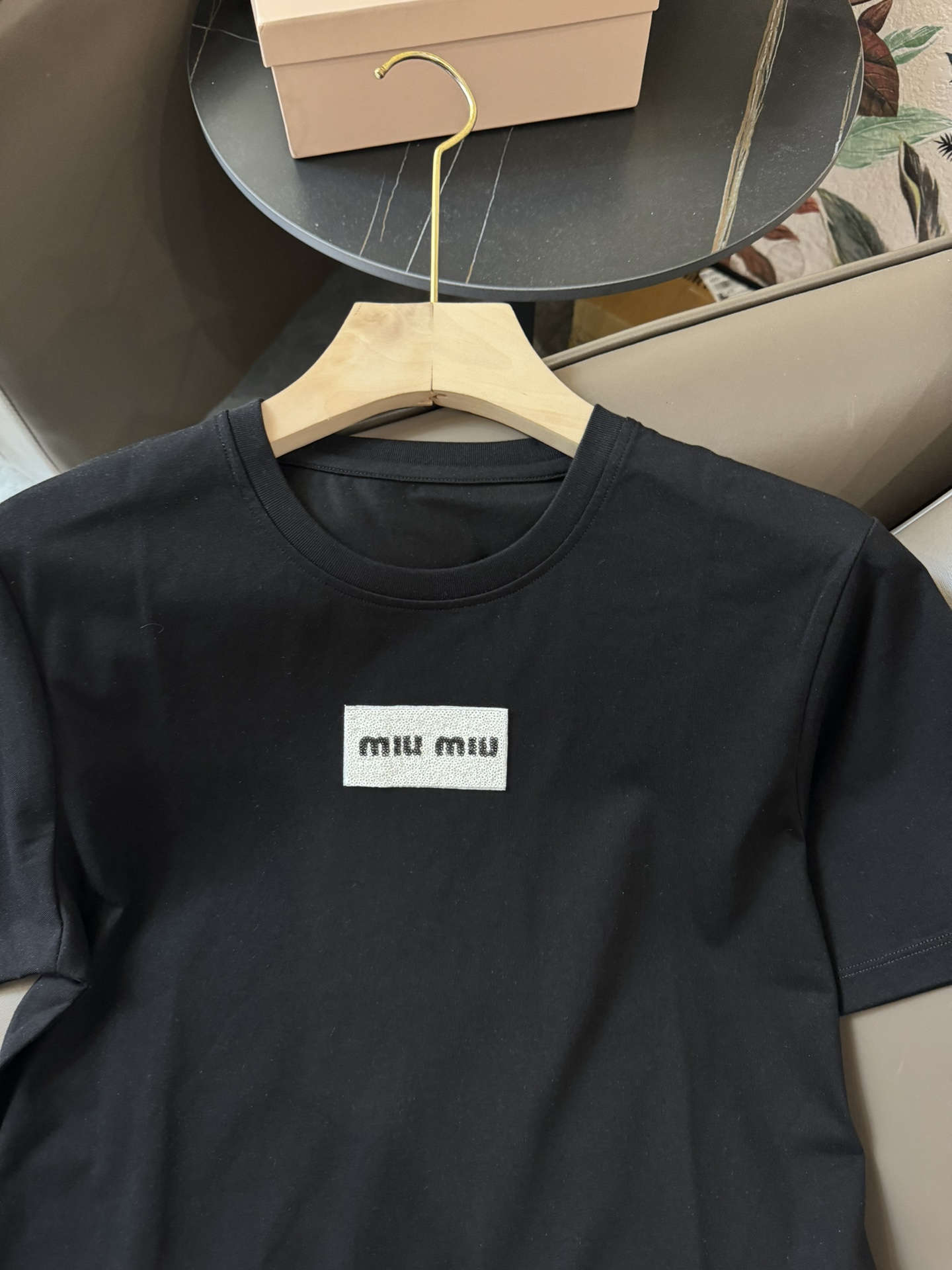 DG012#新款T恤miumiu手工订珠片修身款短袖T恤黑色白色SML