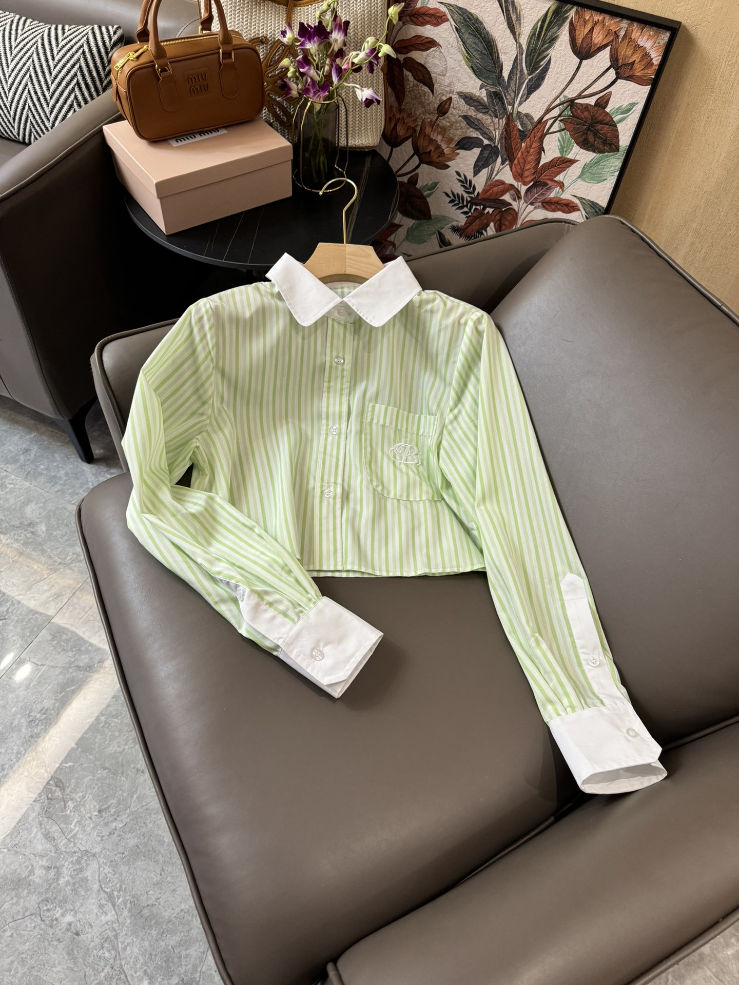 CS021#新款衬衫Bal拼色短款长袖衬衫紫白色/绿色SML