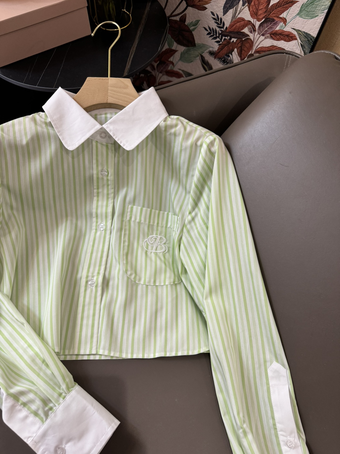 CS021#新款衬衫Bal拼色短款长袖衬衫紫白色/绿色SML