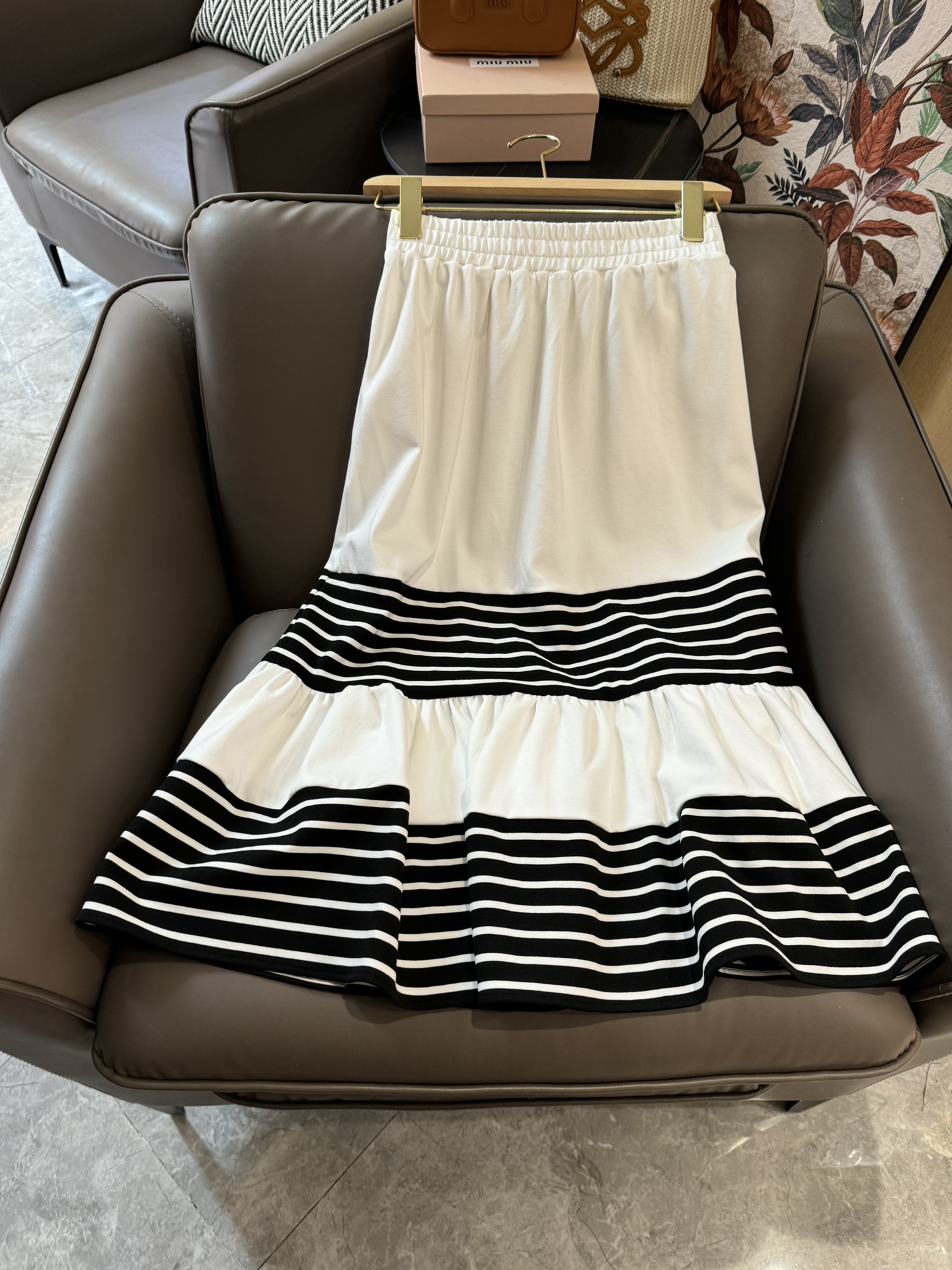 MQ24019#新款套装dior条纹袖短袖T恤上衣条纹鱼尾半裙套装黑色白色SML