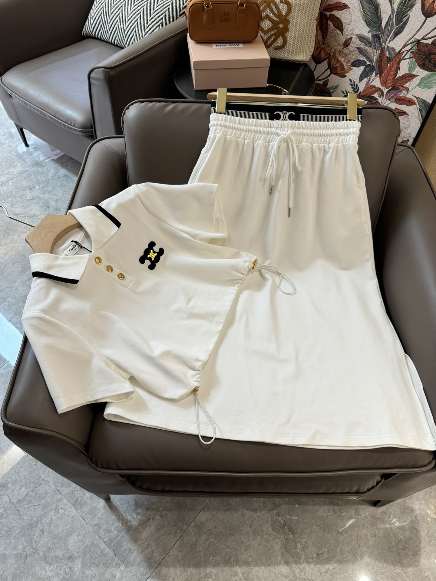MQ24016#新款套装celine短袖polo衫上衣松紧腰半裙套装黑色白色SML