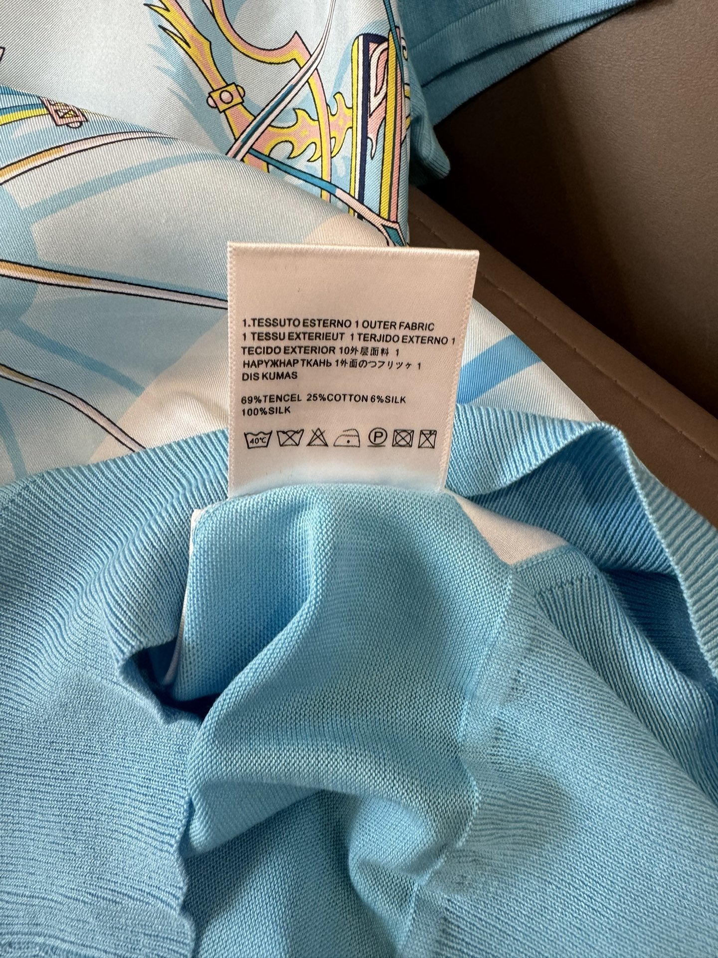 H324019#新款羊毛针织H家定位真丝印花短袖套头羊毛针织衫蓝色杏色S-XXL