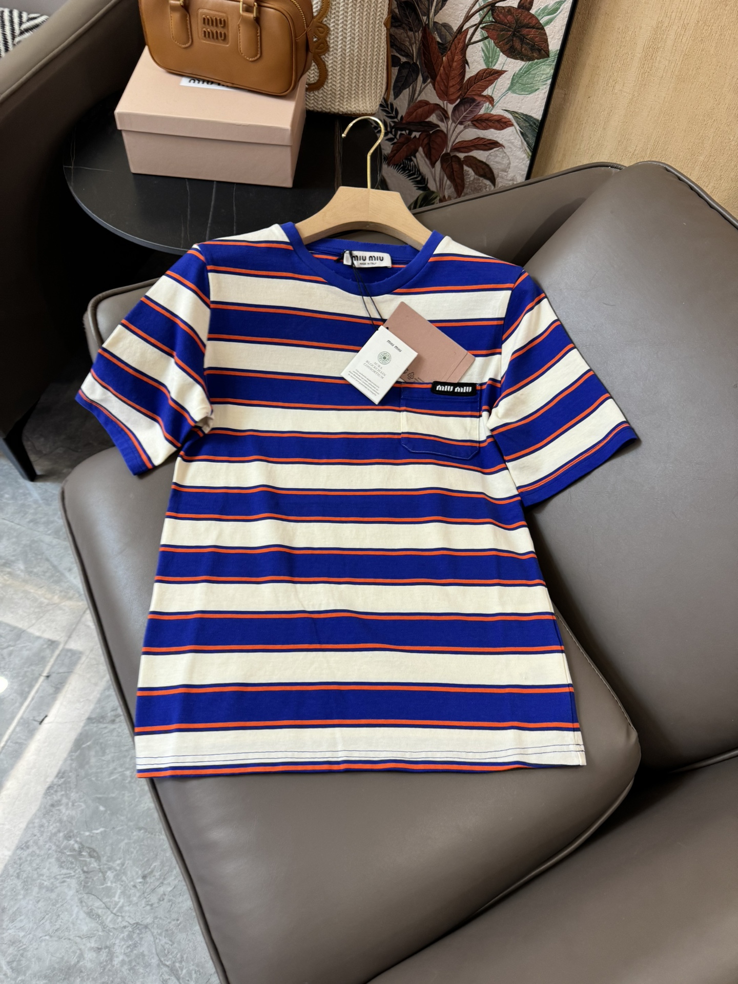 QG24240#新款T恤miumiu条纹印花短袖T恤蓝色SML