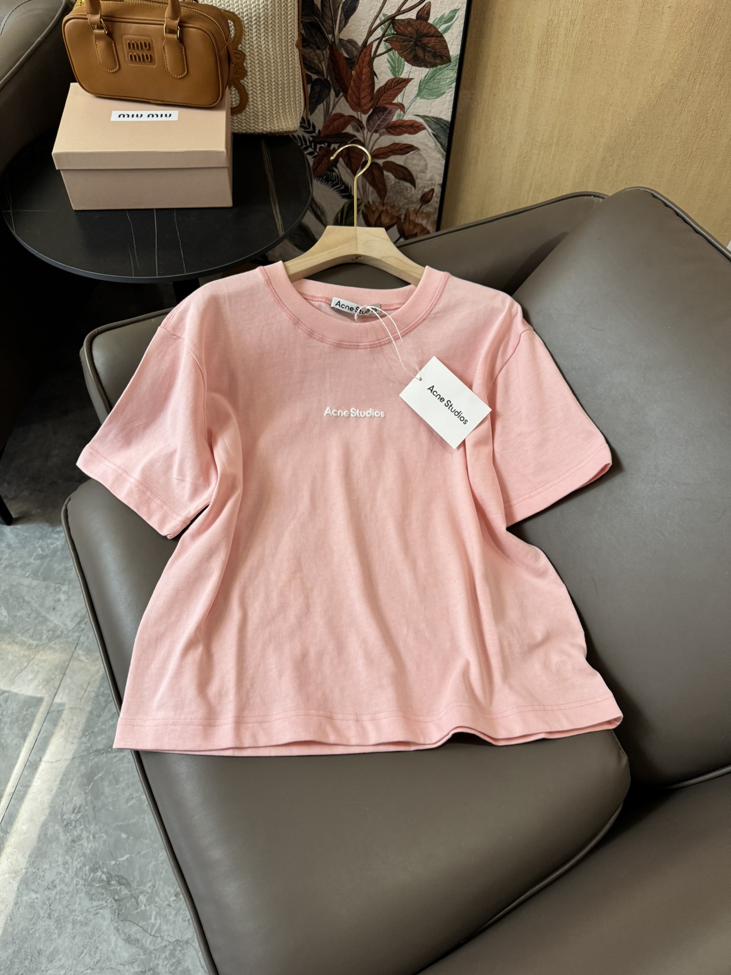 QG24239#新款T恤ACNE爆款宽边休闲宽松短袖T恤小字母T恤粉色米黄色XS/S/M