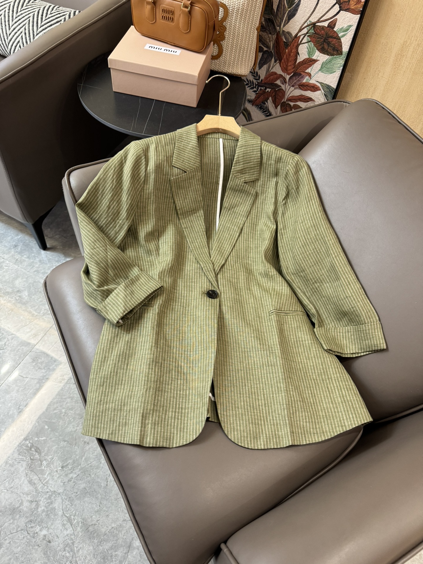 YJ057#西装小外套%亚麻七分袖一粒扣西装外套绿色条纹SMLXL