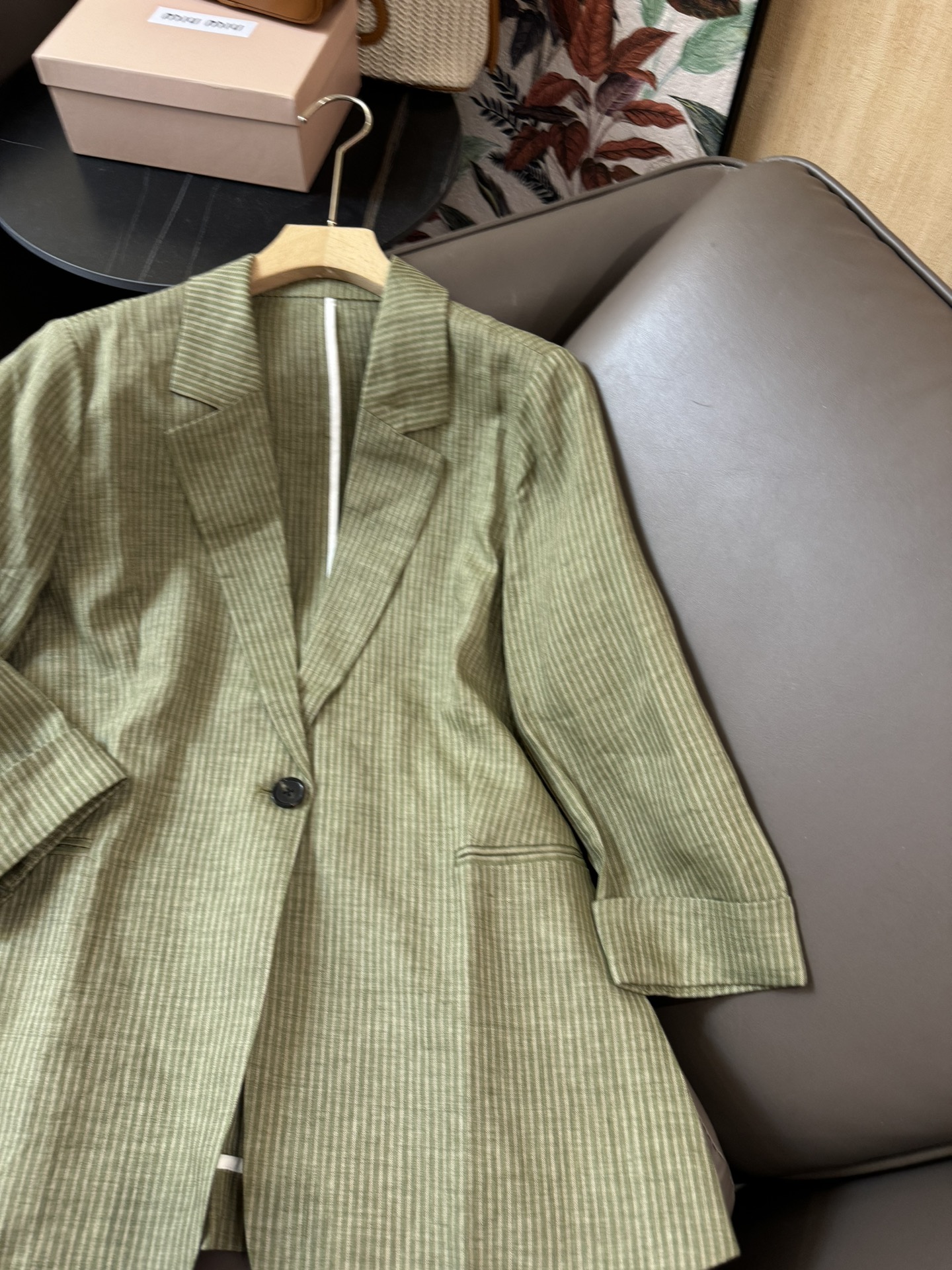 YJ057#西装小外套%亚麻七分袖一粒扣西装外套绿色条纹SMLXL