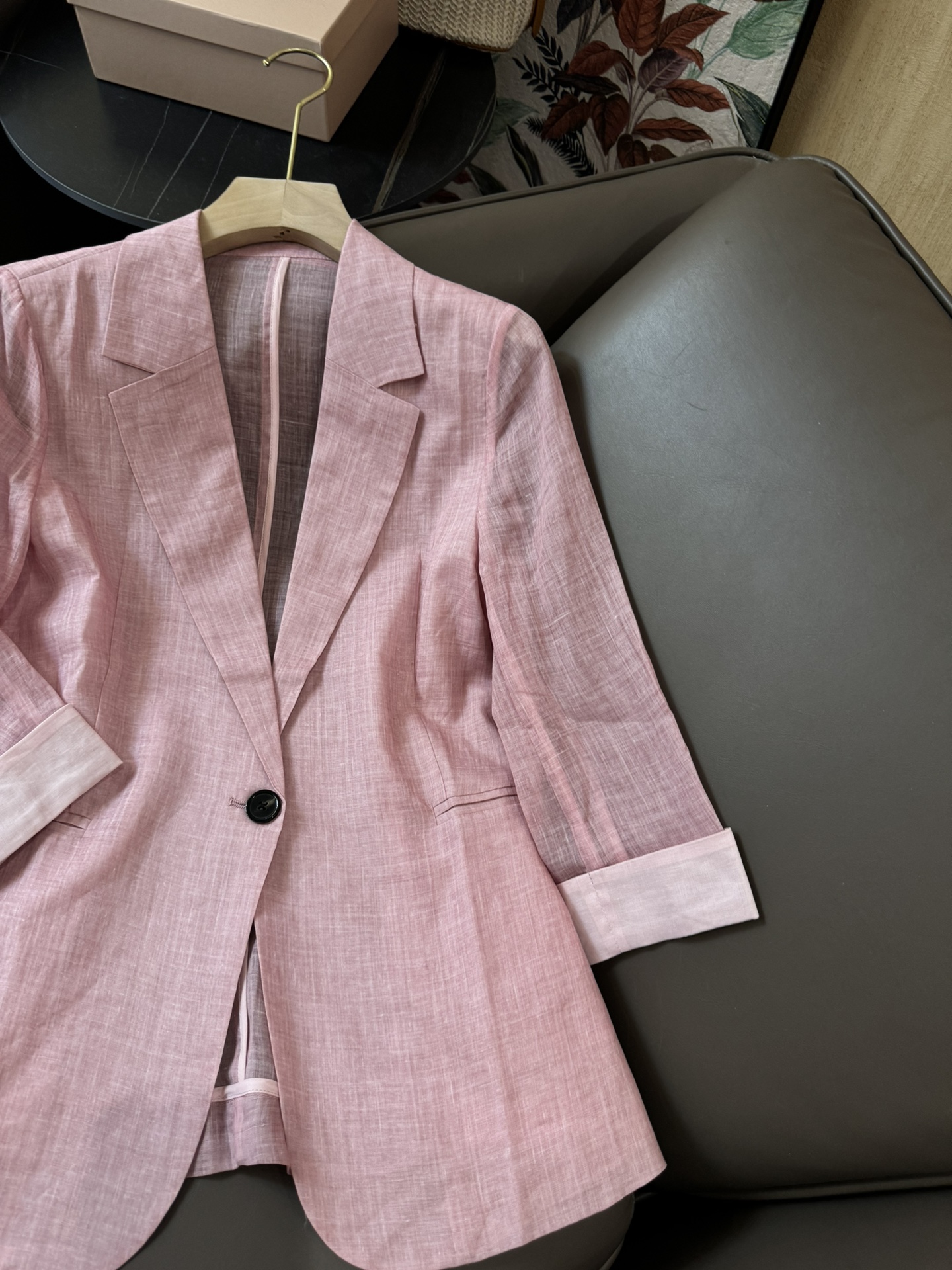 YJ056#西装小外套%亚麻七分袖一粒扣西装外套白色粉色SMLXL