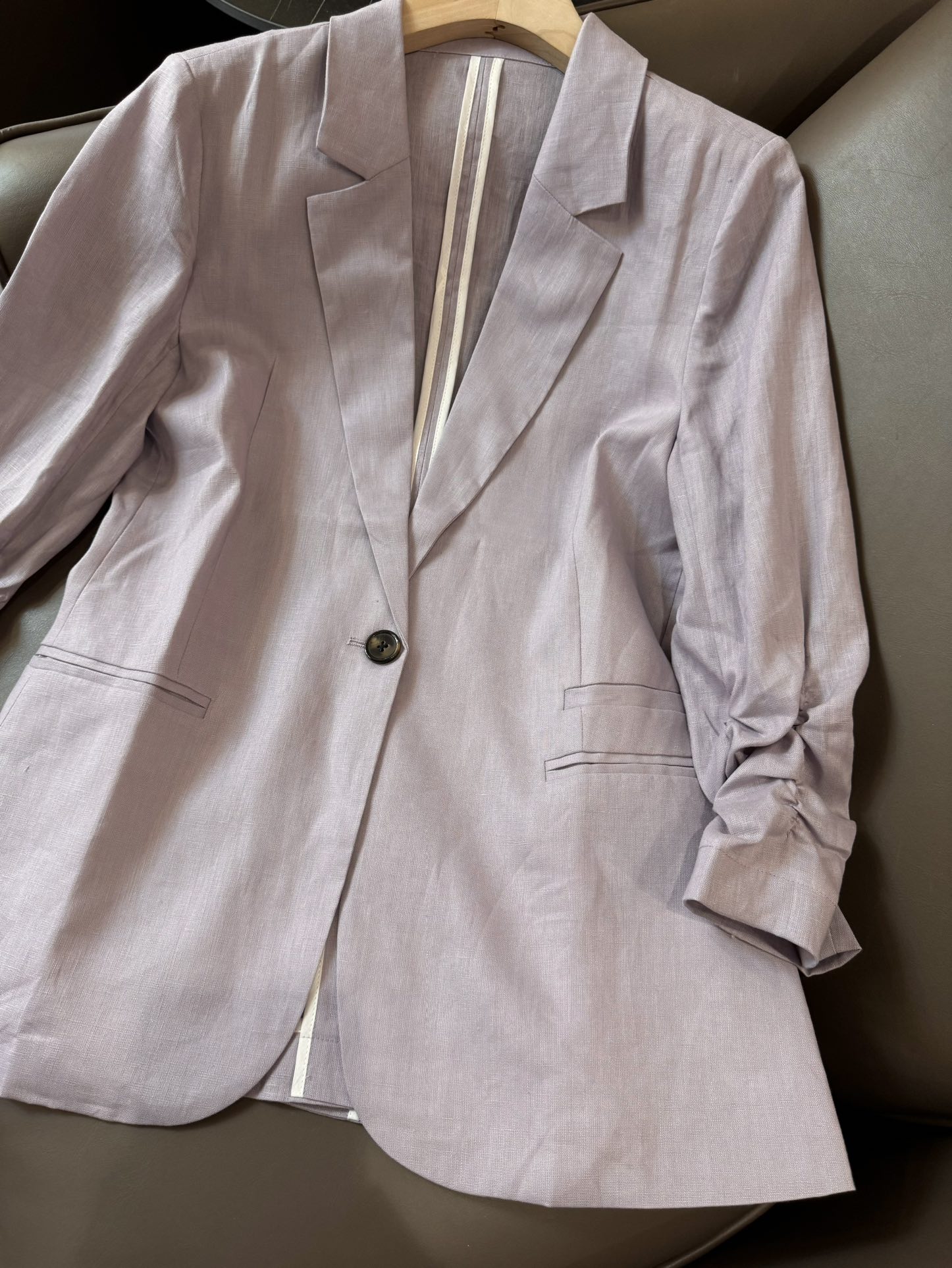 YJ058#西装小外套%亚麻七分袖一粒扣西装外套紫色粉色SMLXL