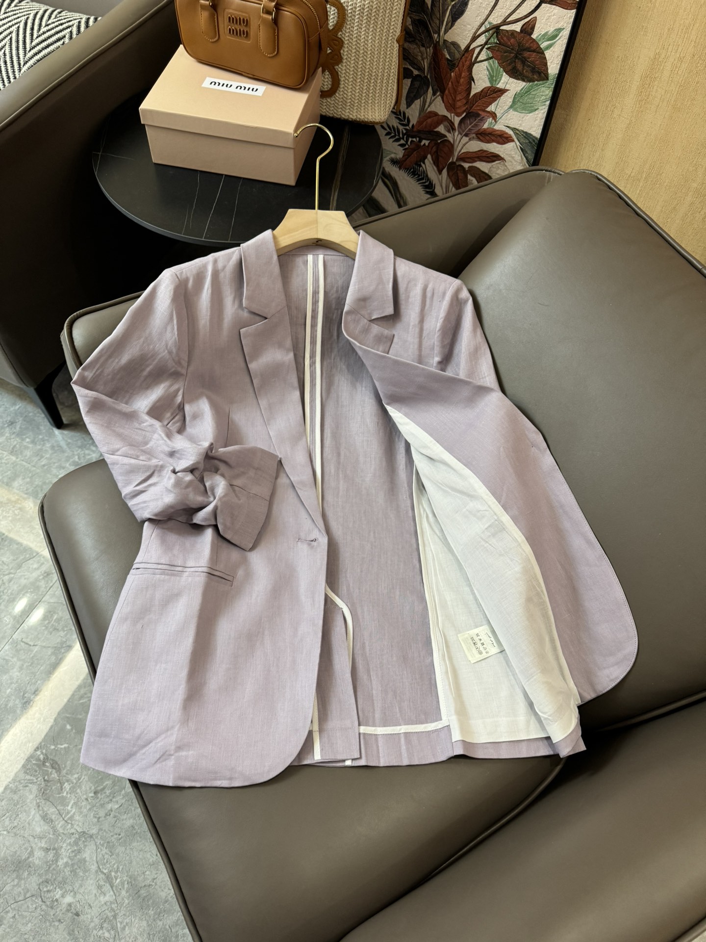 YJ058#西装小外套%亚麻七分袖一粒扣西装外套紫色粉色SMLXL