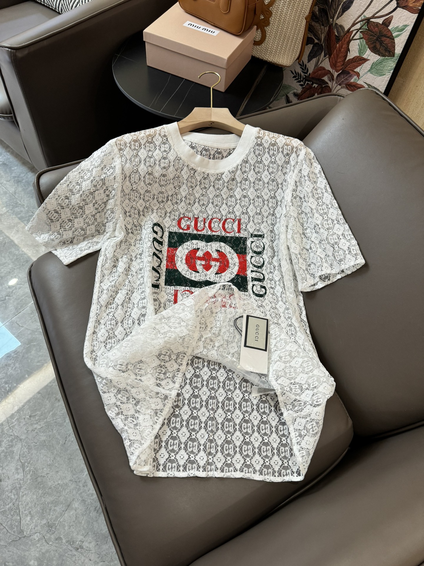 XH044#新款上衣Gucci经典logo印花透视短袖上衣白色SML