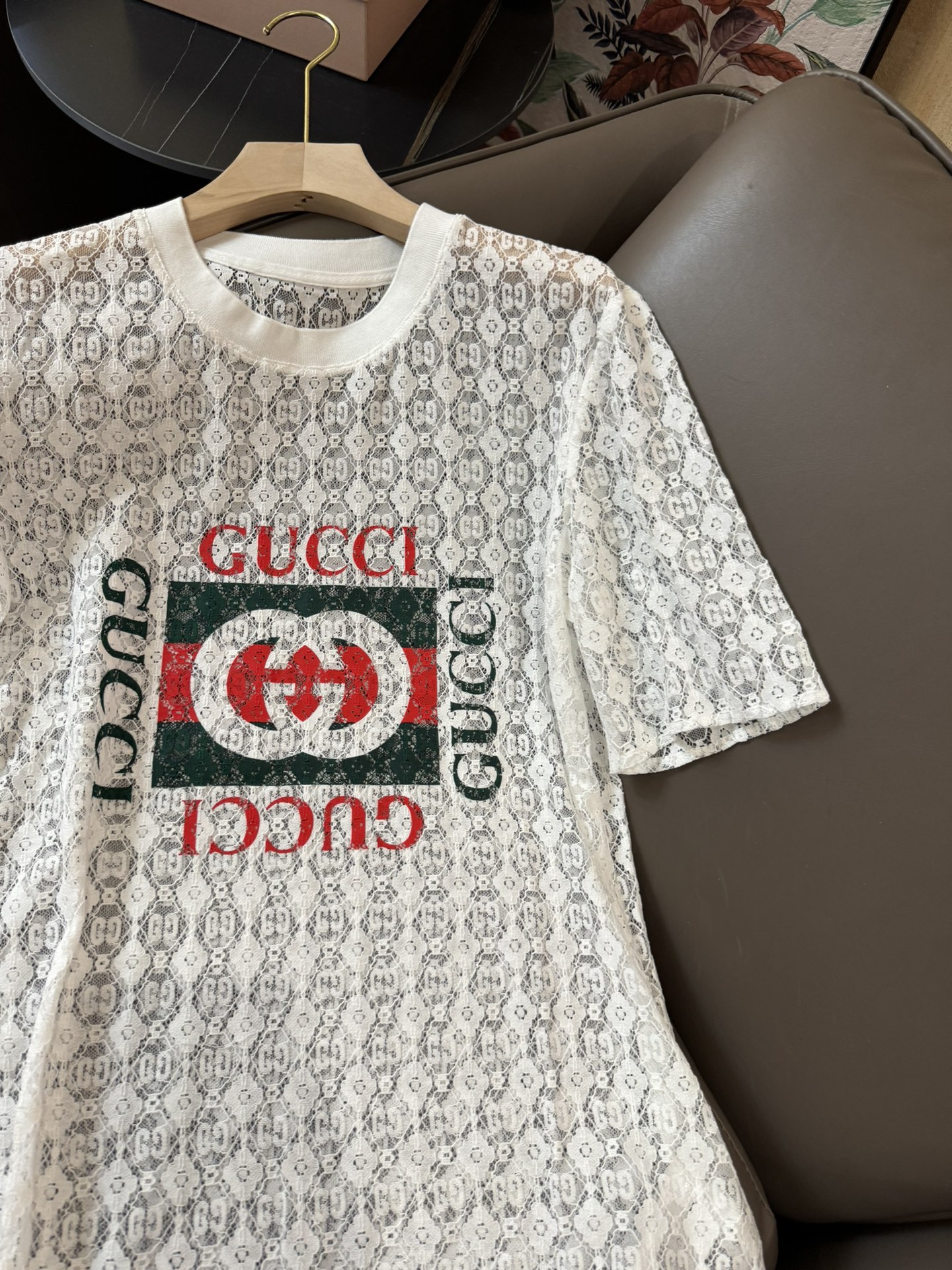 XH044#新款上衣Gucci经典logo印花透视短袖上衣白色SML