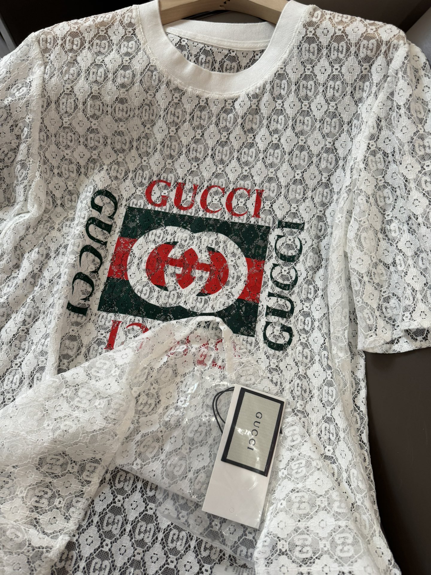 XH044#新款上衣Gucci经典logo印花透视短袖上衣白色SML