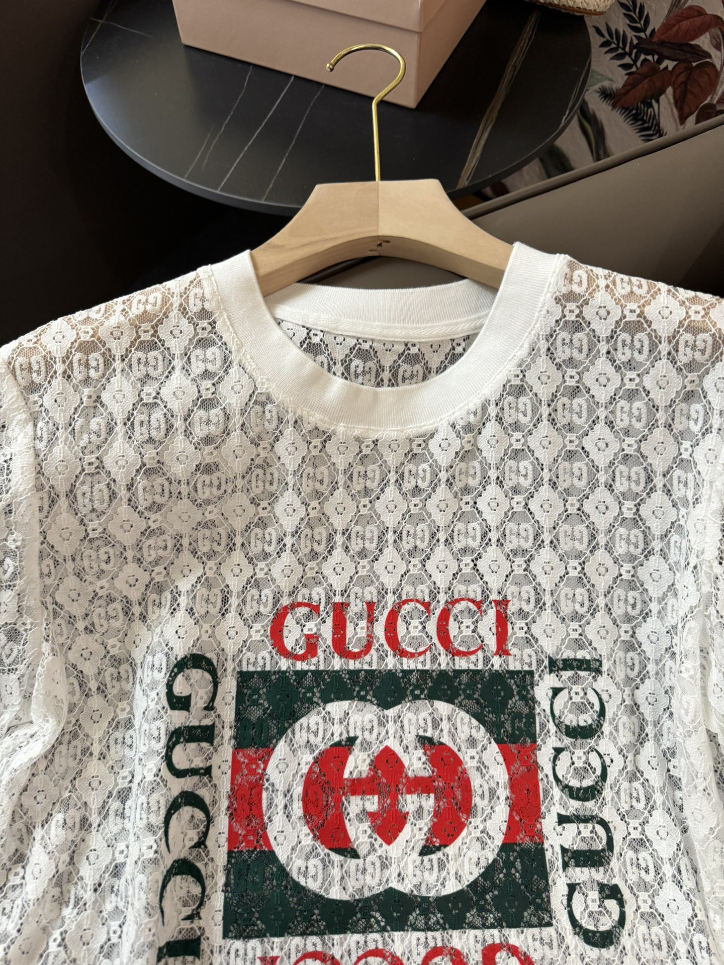 XH044#新款上衣Gucci经典logo印花透视短袖上衣白色SML