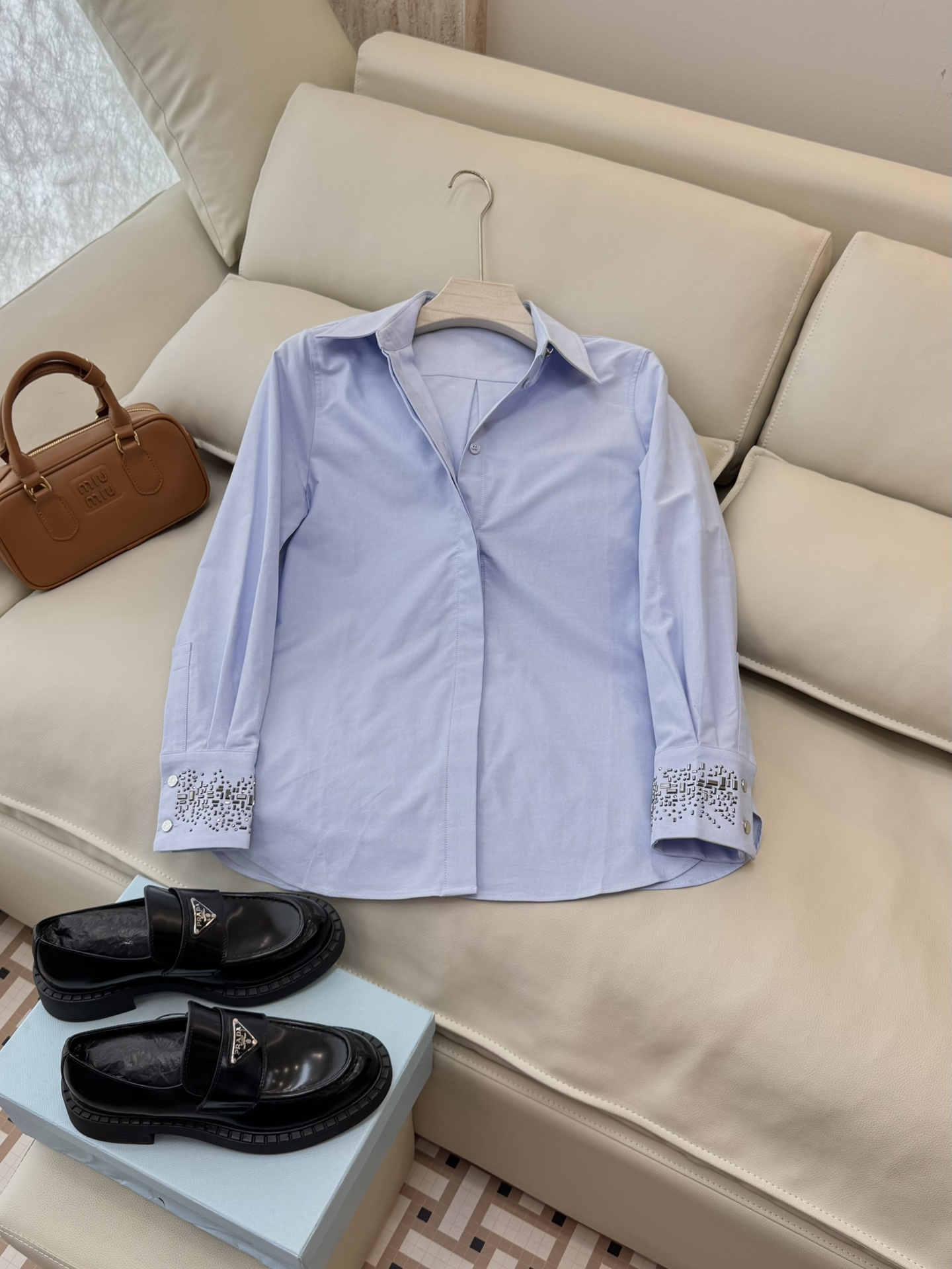 BS0577#新款衬衫💕Max mara 烫钻袖口 长袖精梳棉衬衫 蓝色 白色SMLXL