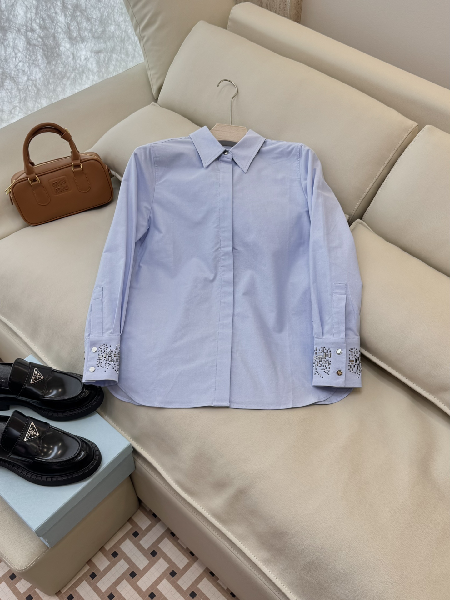 BS0577#新款衬衫💕Max mara 烫钻袖口 长袖精梳棉衬衫 蓝色 白色SMLXL