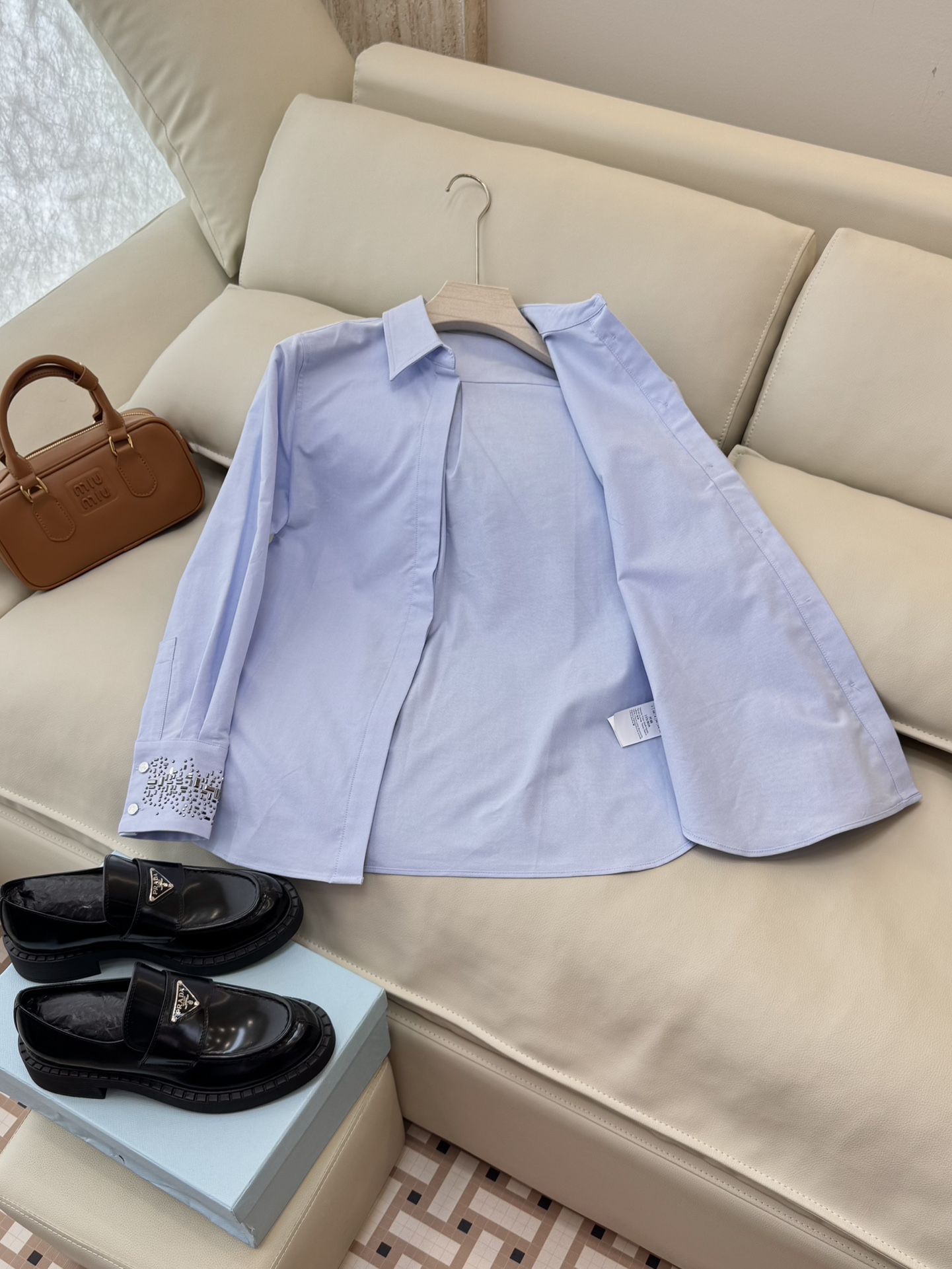 BS0577#新款衬衫💕Max mara 烫钻袖口 长袖精梳棉衬衫 蓝色 白色SMLXL