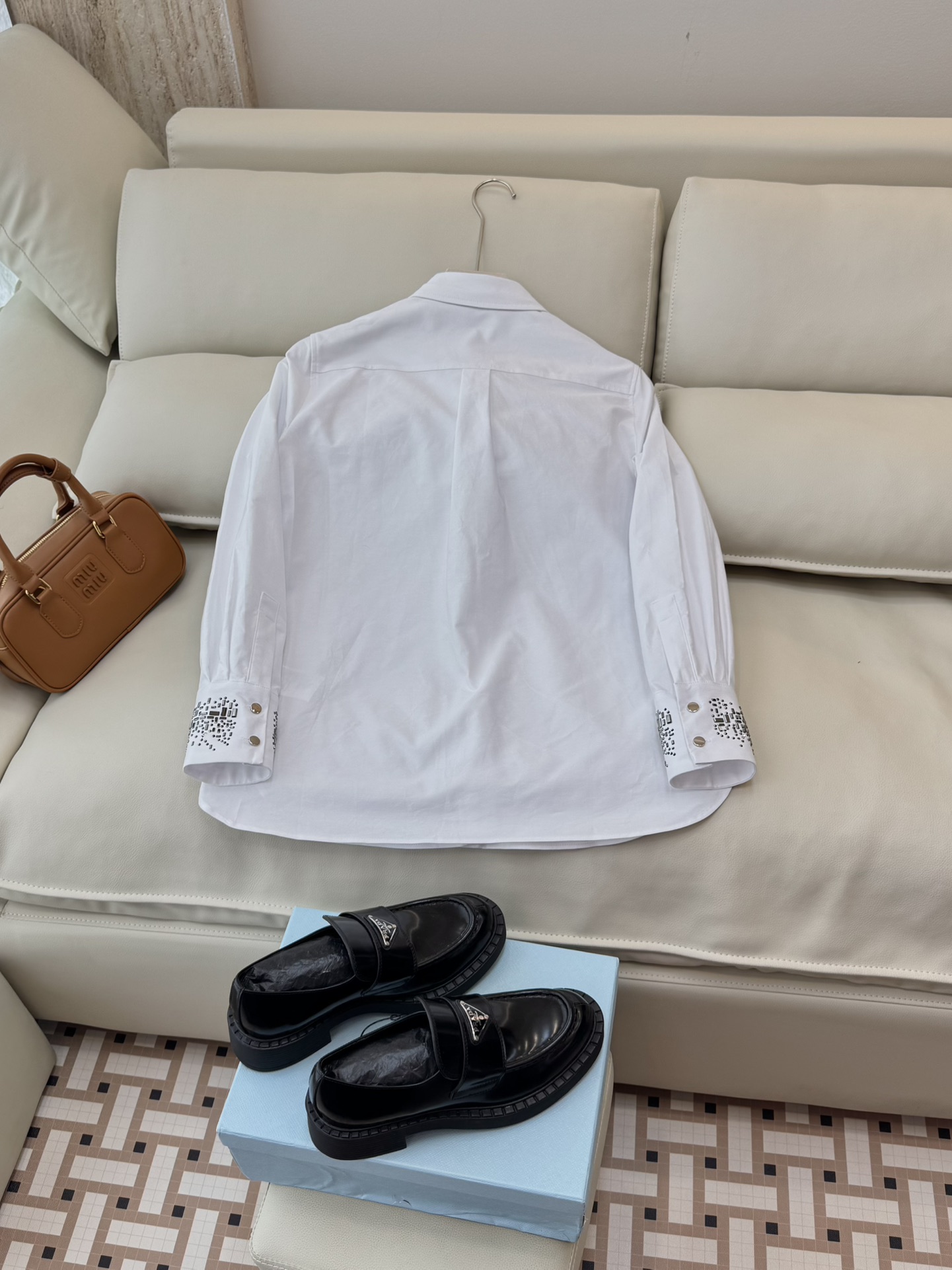 BS0577#新款衬衫💕Max mara 烫钻袖口 长袖精梳棉衬衫 蓝色 白色SMLXL