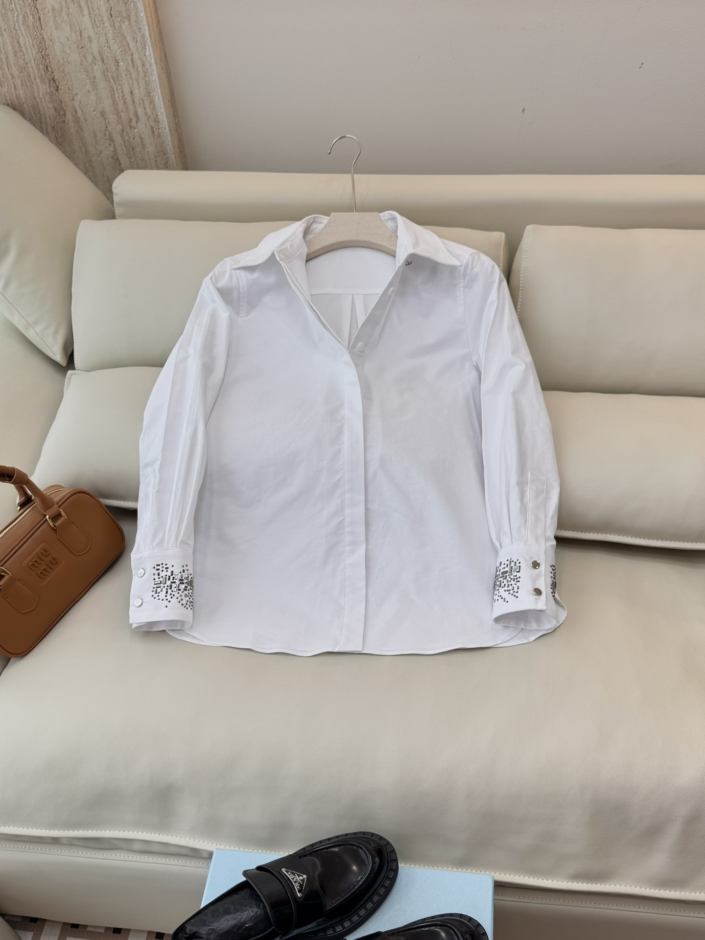 BS0577#新款衬衫💕Max mara 烫钻袖口 长袖精梳棉衬衫 蓝色 白色SMLXL