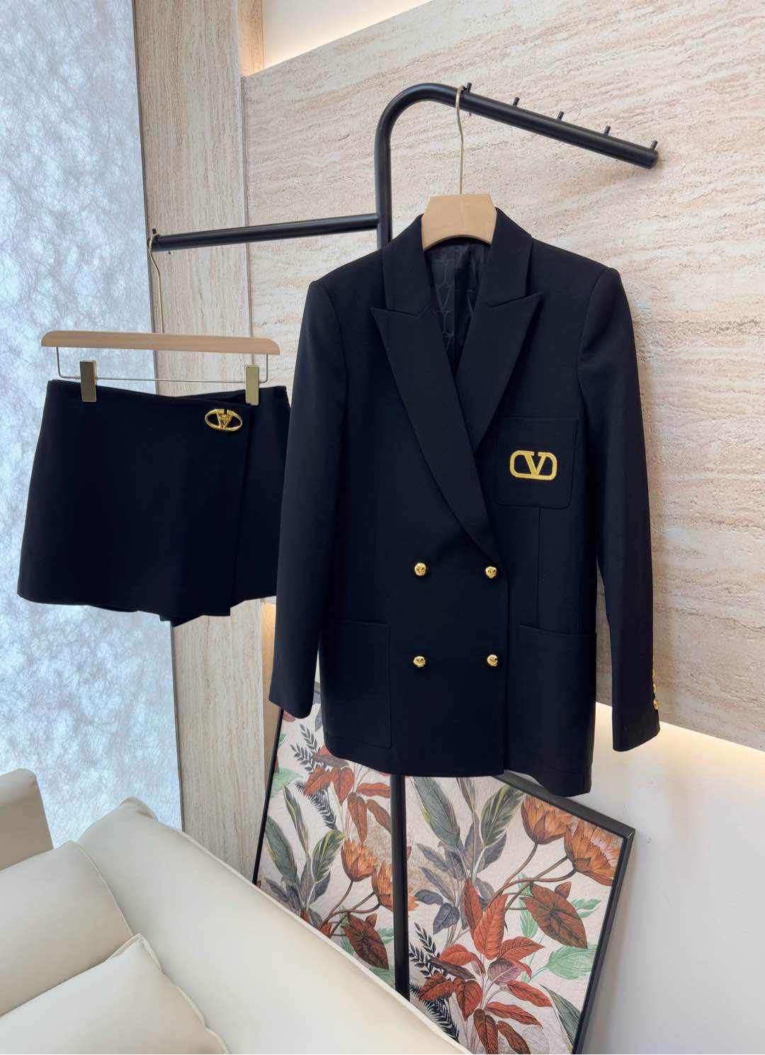 XZ079#新款套装🌾Val 家金线绣花字母 50%羊毛西装外套➕半裙套装 黑色 藏青色 SMLXL