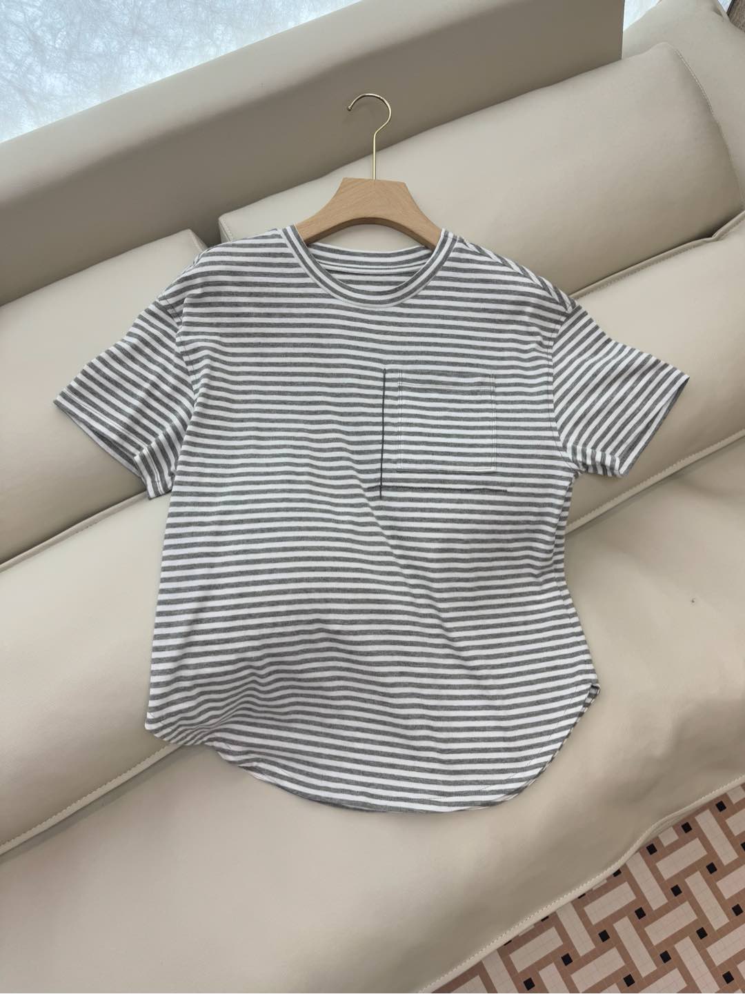 LZ25001#新款T恤💕BC 条纹 针织棉印花 短袖T恤 两色 SML