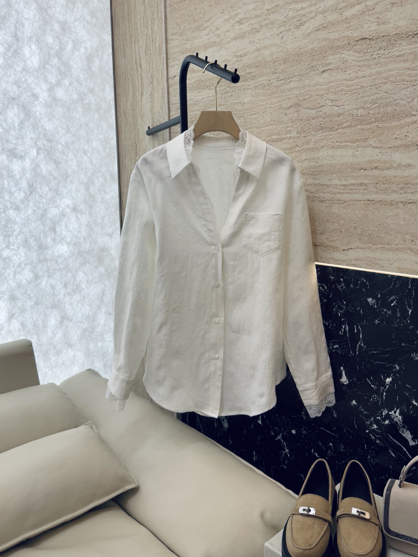 BS659#新款衬衫💕原创设计 100% 亚麻 蕾丝边 长袖衬衫 白色 SMLXL