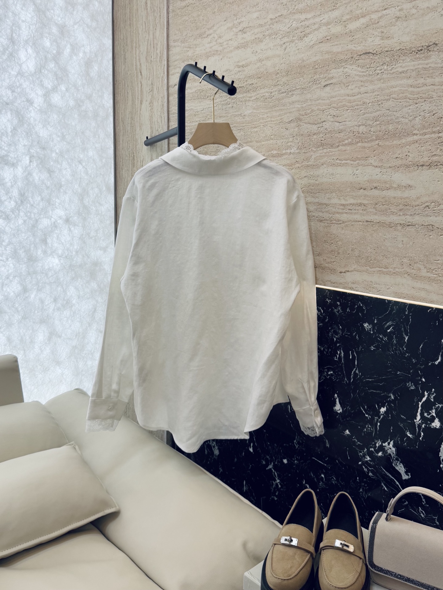 BS659#新款衬衫💕原创设计 100% 亚麻 蕾丝边 长袖衬衫 白色 SMLXL