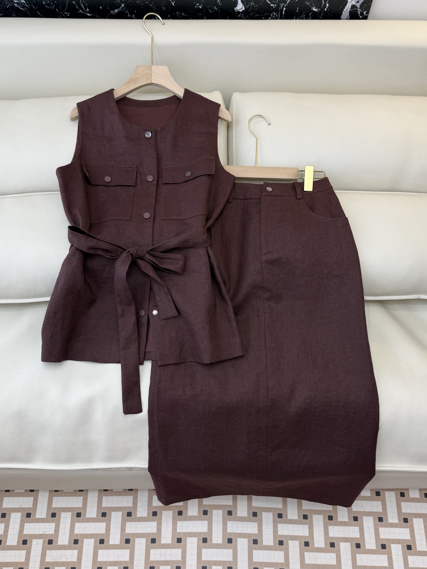 NO:734647,YM069# new suit factory zim... Linen vest top, long skirt suit, brown color, linen color, SMLXL,,skirts,19860909YM069#新款套装工厂 zim… 亚麻马甲上衣 长半裙 套装 咖色 麻本色 SMLXL,,skirts,,Women's clothing