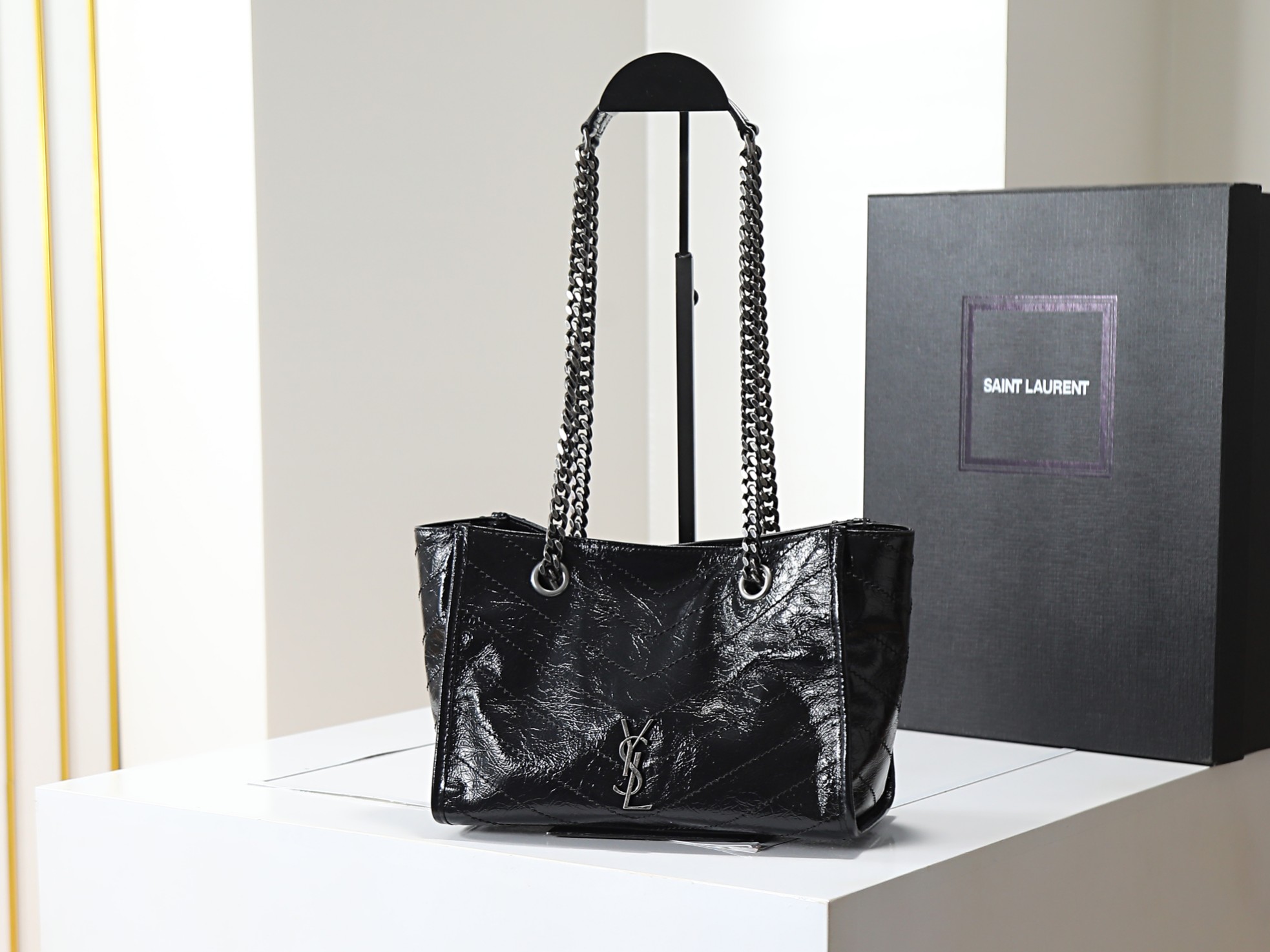 Saint Laurent Niki Black crinkled patent shoulder everyday