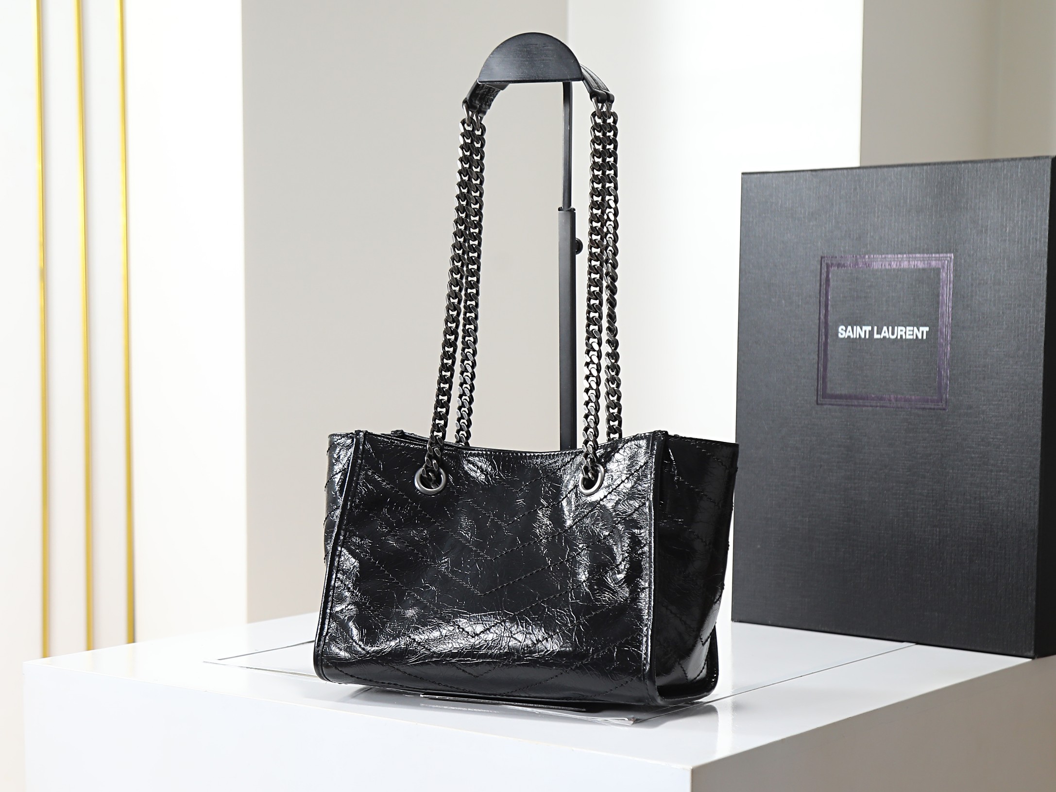 Saint Laurent Niki Black crinkled patent shoulder everyday