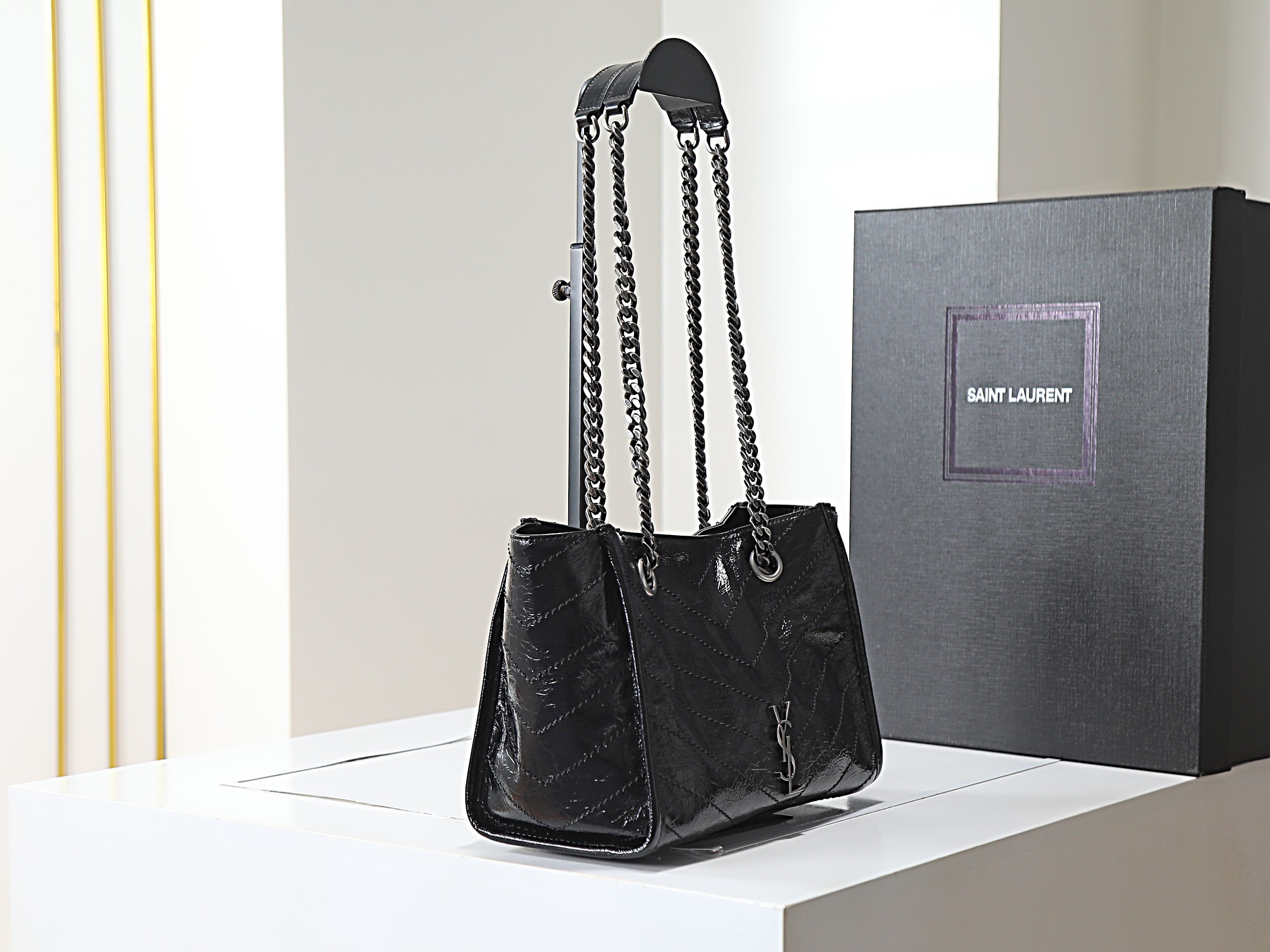 Saint Laurent Niki Black crinkled patent shoulder everyday
