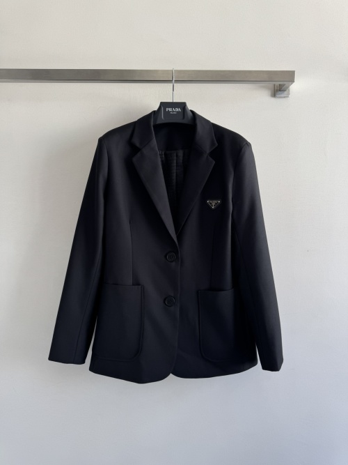 PRADA Women's Black Acetate Blazer with Notched Lapel and Flap Pockets 1 PRADA Women's Black Acetate Blazer with Notched Lapel and Flap Pockets