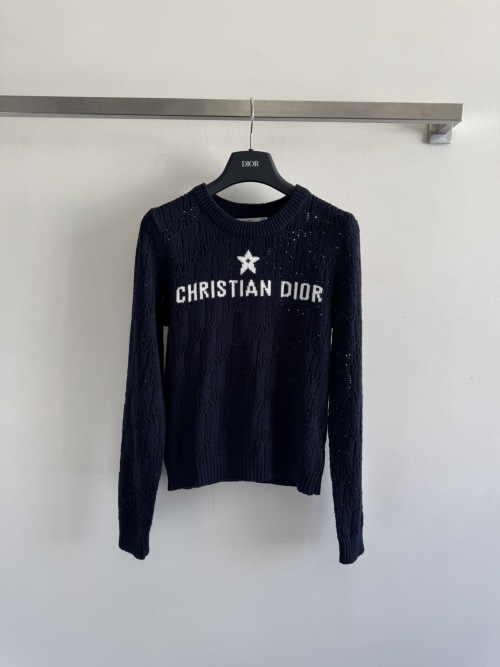 Dior Women's Navy Hollow Knit Sweater with Star Accent - Long Sleeve 1 Dior Women's Navy Hollow Knit Sweater with Star Accent - Long Sleeve